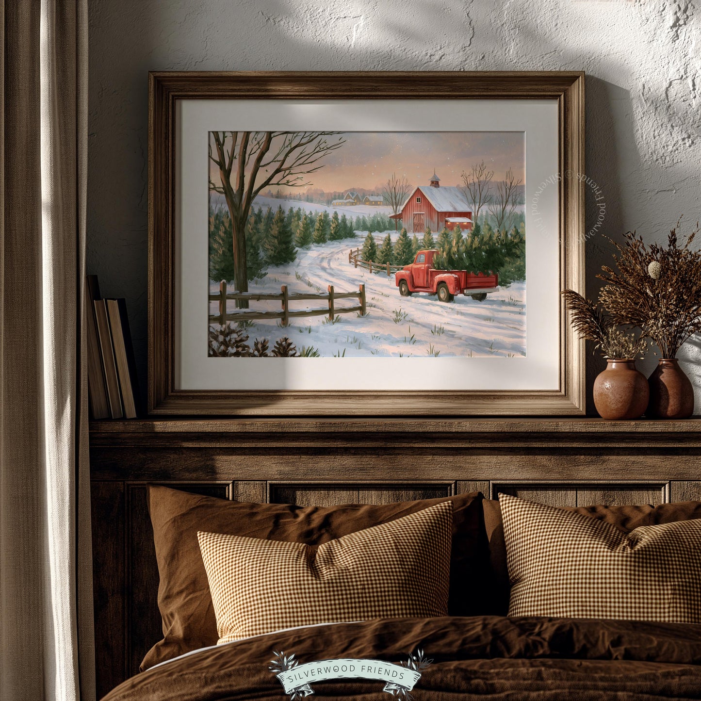 Vintage holiday painting printable art — cozy rural truck scene with festive tree farm and rustic barn décor