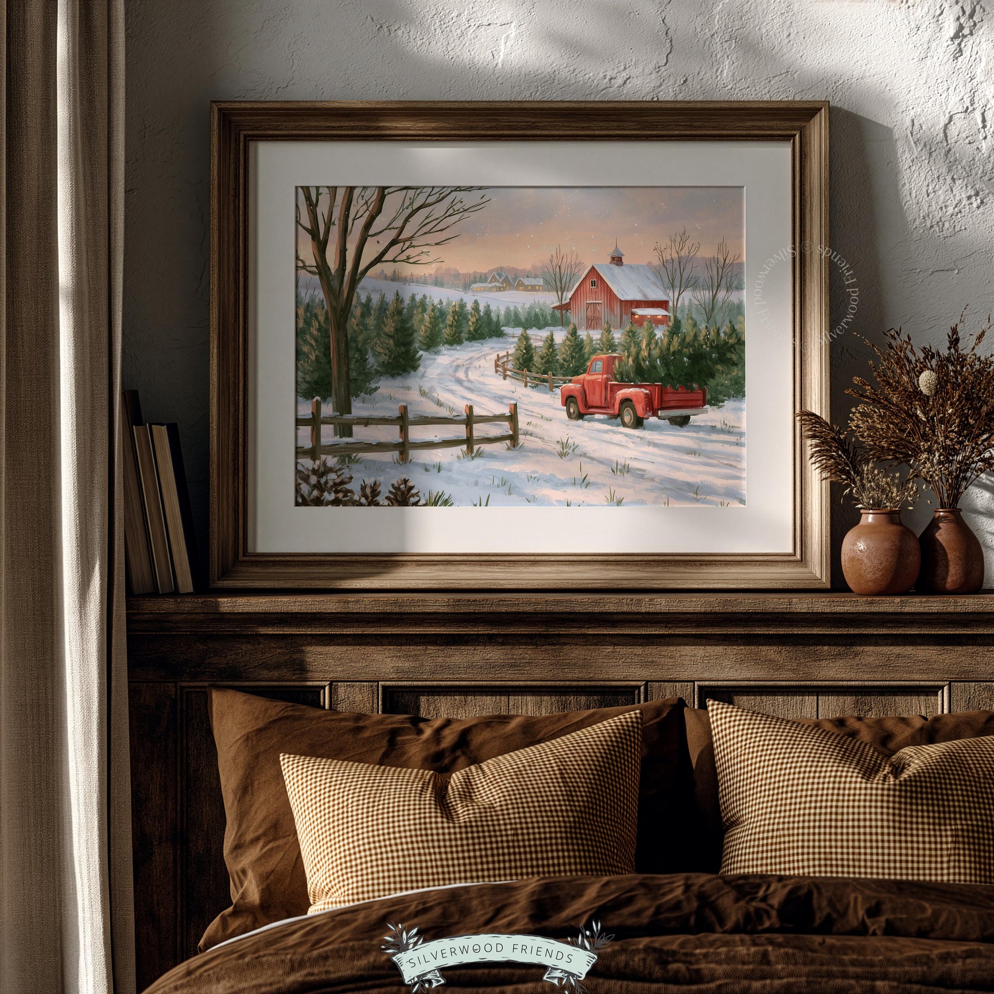 Vintage holiday painting printable art — cozy rural truck scene with festive tree farm and rustic barn décor