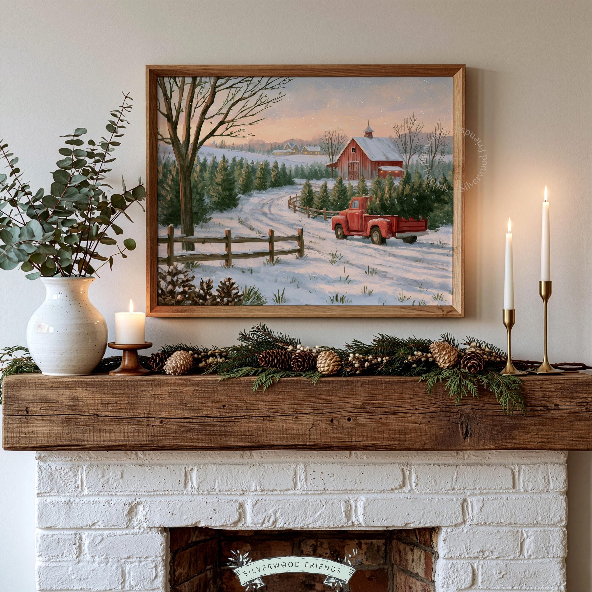 Wintry cottage-core poster for living spaces — nostalgic pickup truck at harvest time with weathered barn and snowy pathways