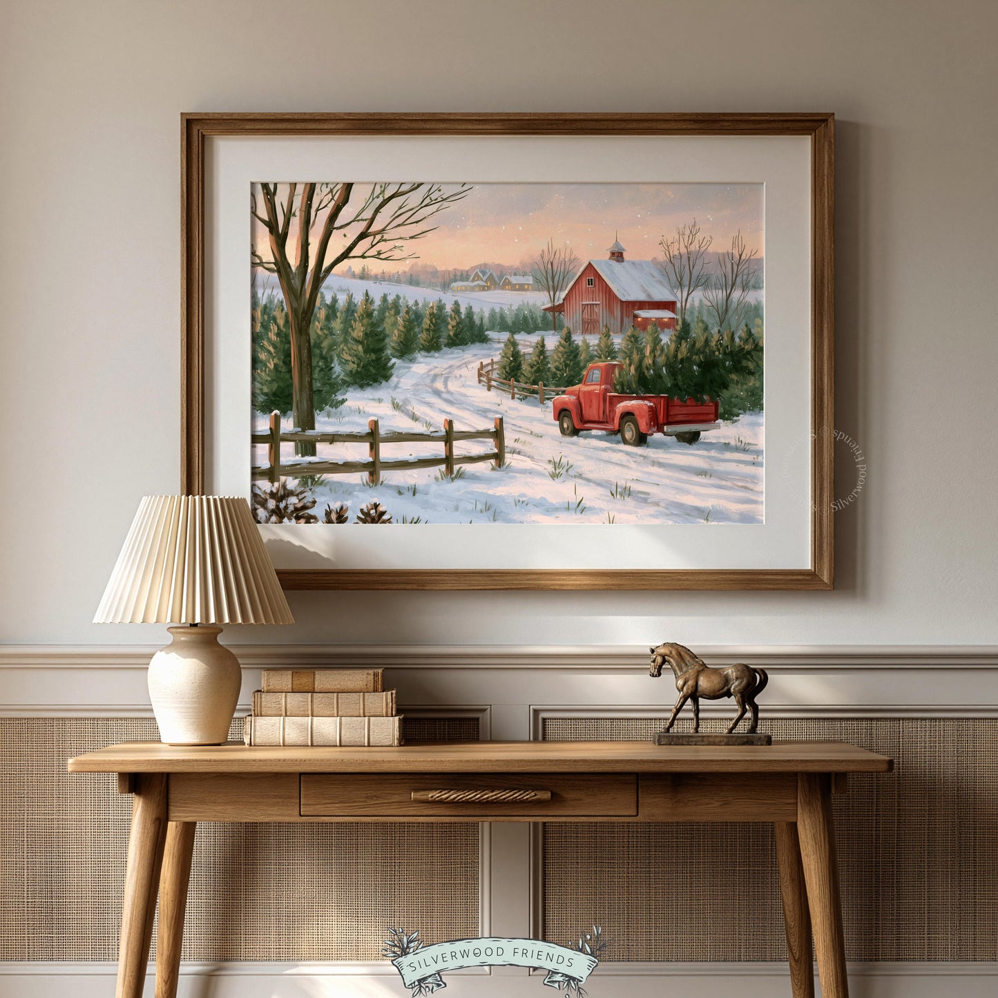 Festive farmhouse picture instant download — warm golden tones illuminate quiet winter landscape with red barn and truck