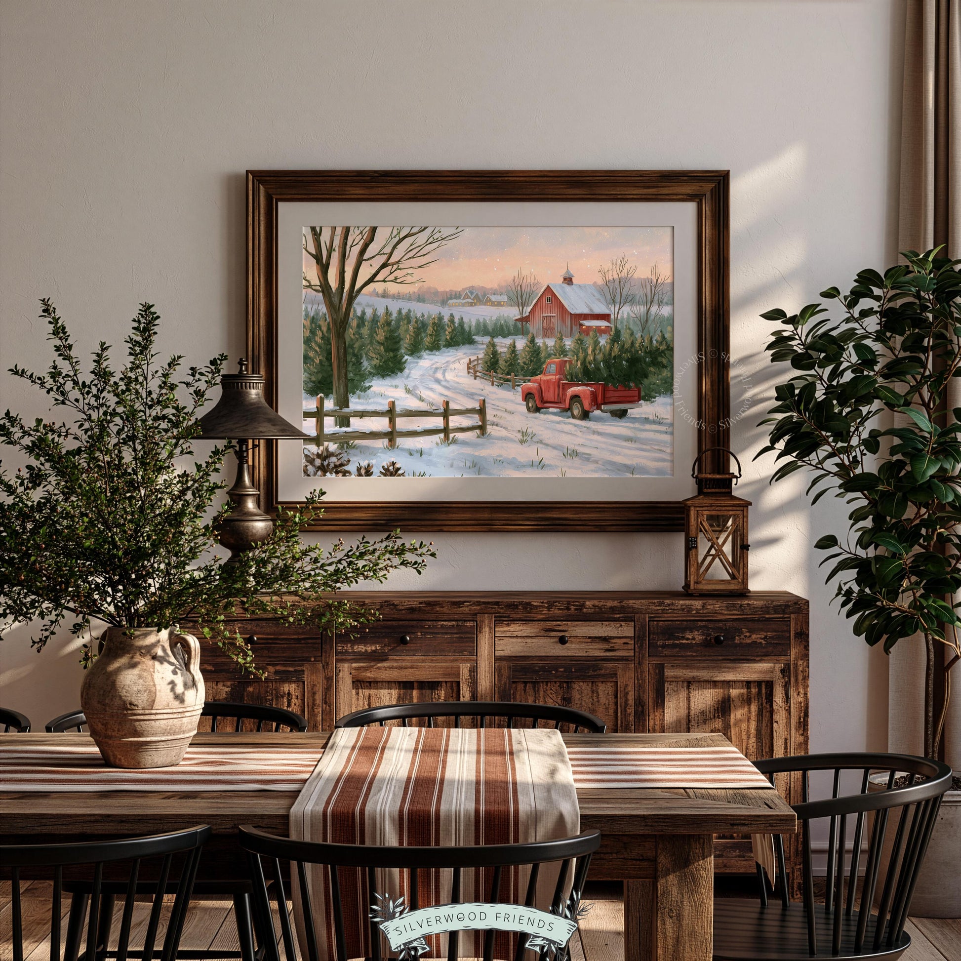 Charming evergreen farm scene picture printable — red truck among frosted evergreens under soft golden winter sky