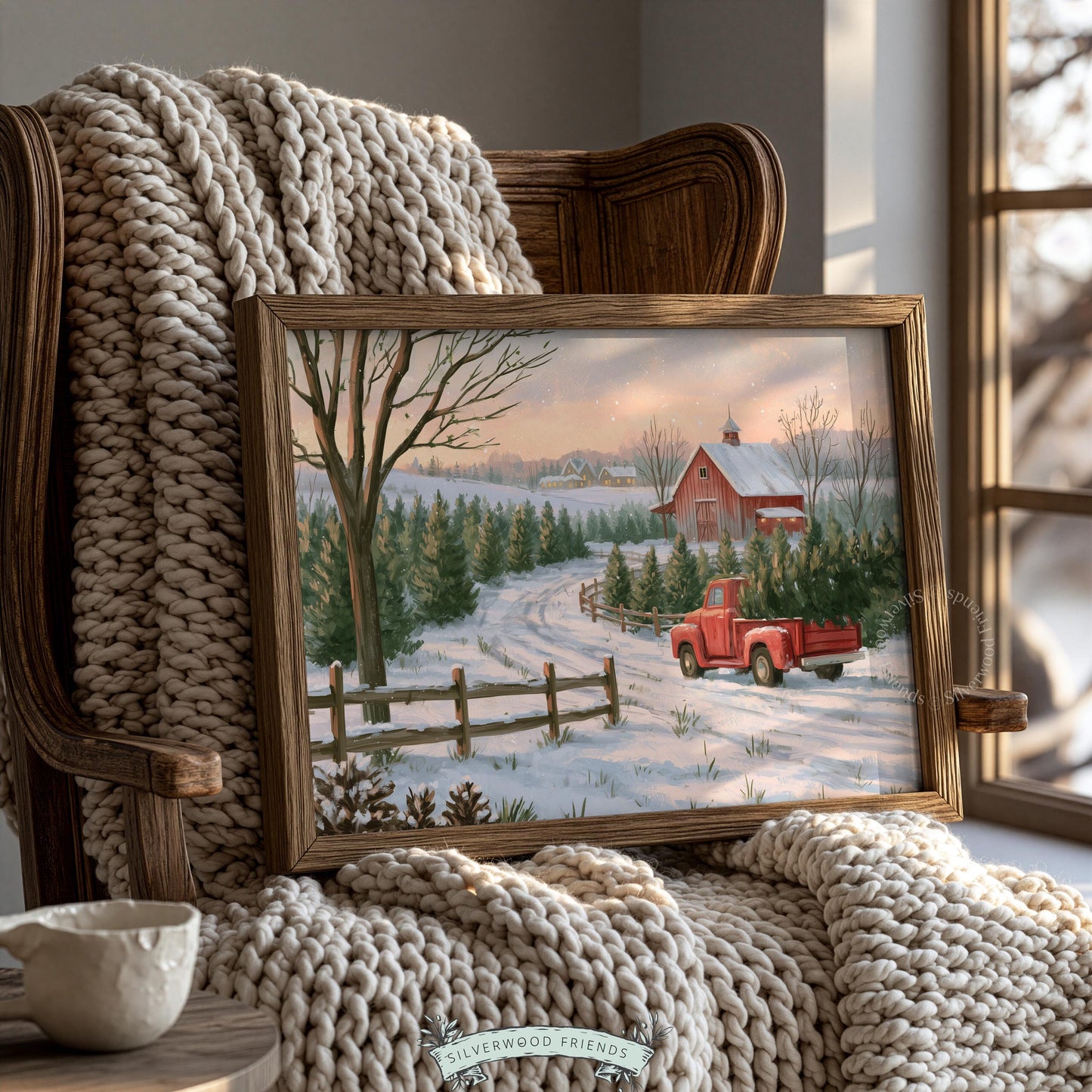 Snowy tree farm wall art for entryway — classic pickup truck with evergreen rows and weathered split-rail fence