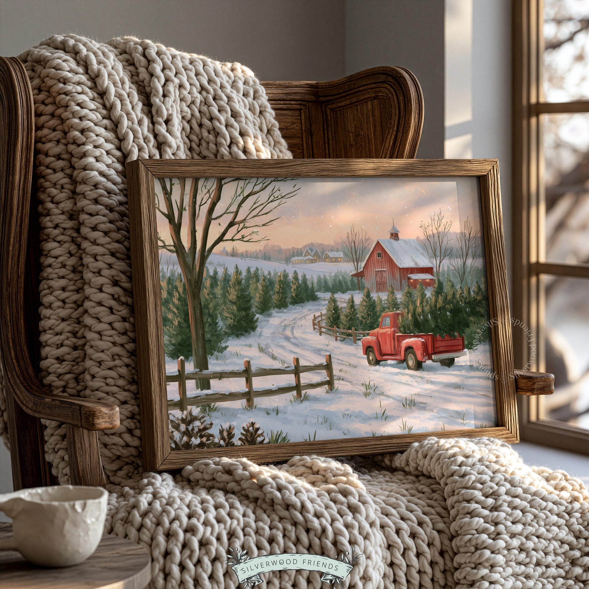 Snowy tree farm wall art for entryway — classic pickup truck with evergreen rows and weathered split-rail fence