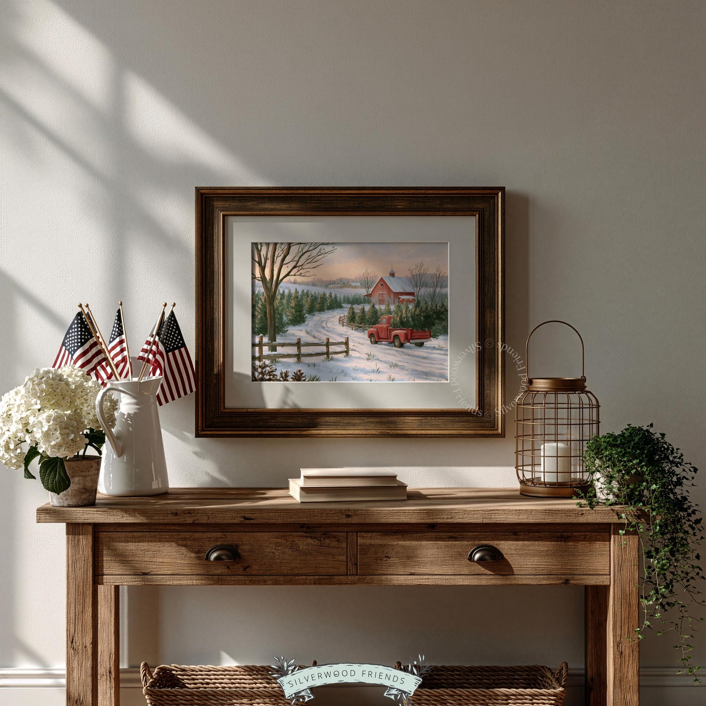 Vintage winter wonderland poster — classic farmhouse painting featuring loaded pickup, barn, and serene snowy tree rows