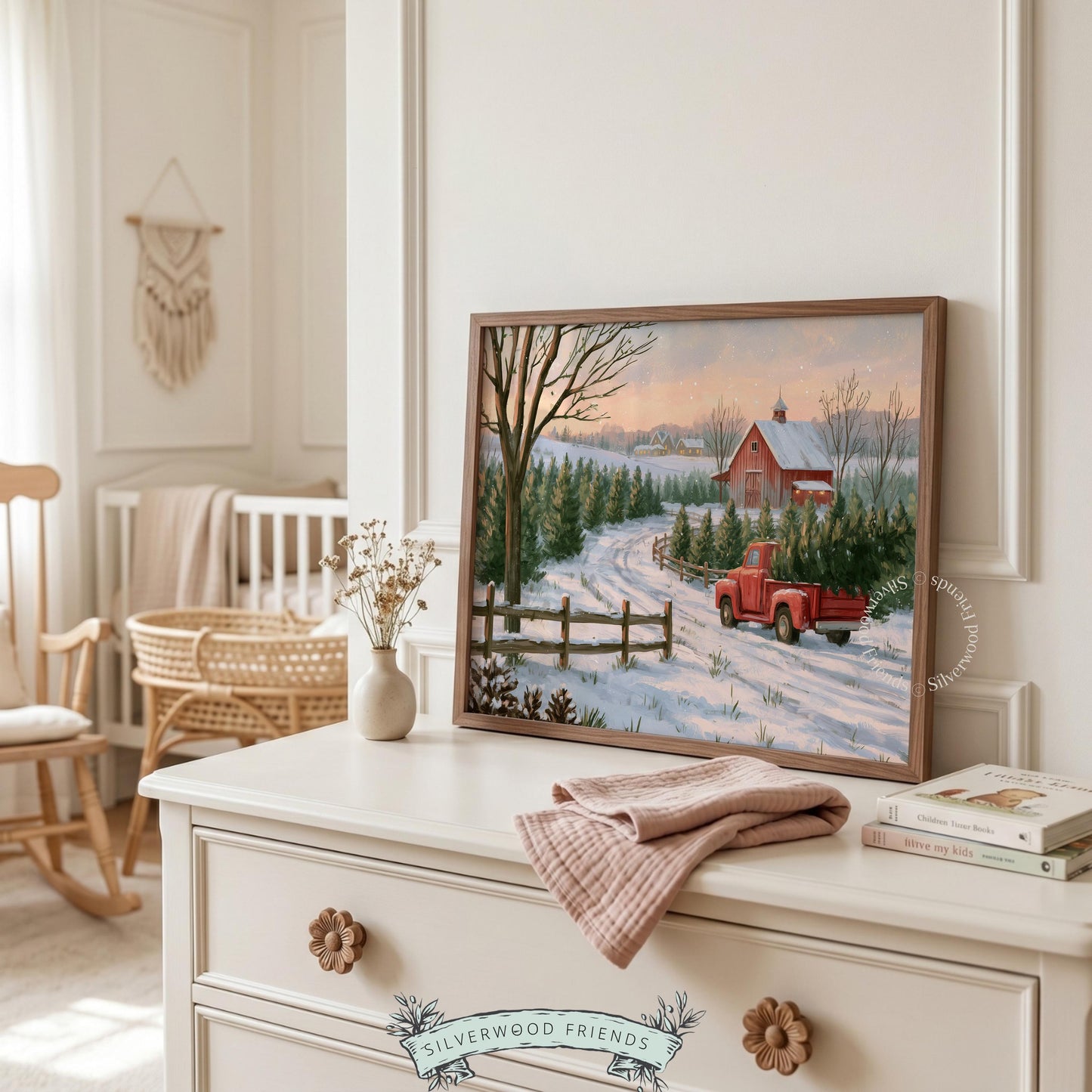 Rustic seasonal landscape digital art for gallery wall — nostalgic harvest scene capturing golden twilight on peaceful country farm