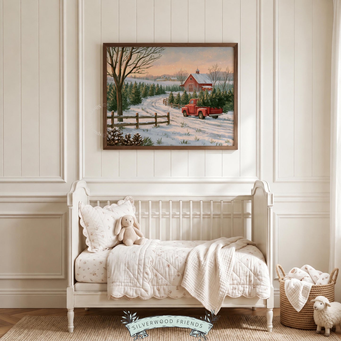 Traditional holiday truck scene wall print for study — cozy rural aesthetic with golden light, snow, and pastoral evergreen setting
