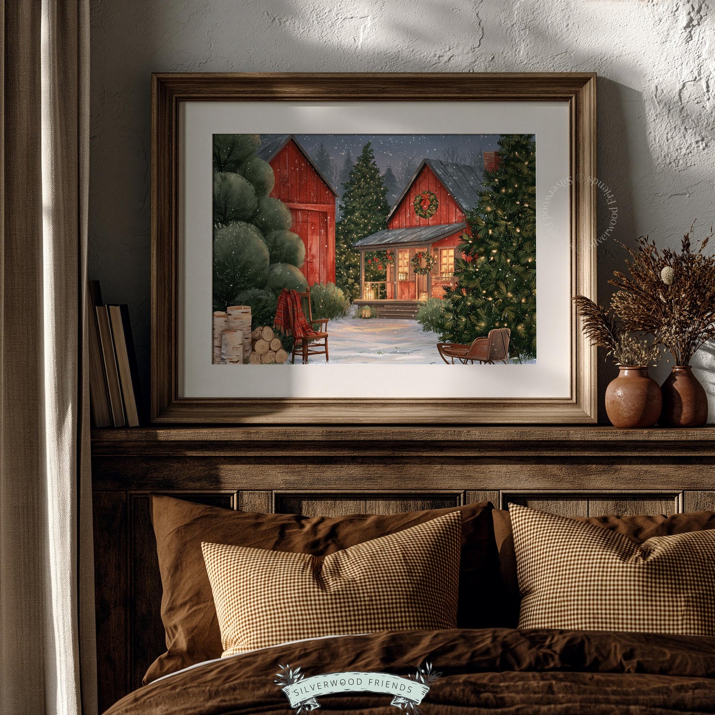 Traditional Christmas farmstead digital print — storybook scene with wreath, sleigh, and snow-laden pine trees