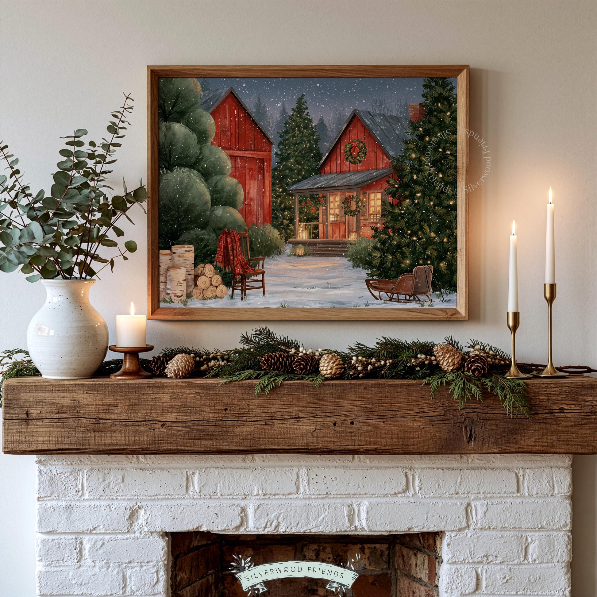 Holiday sleigh illustration printable wall decor for entryway — festive farm scene with plaid blanket and birch wood