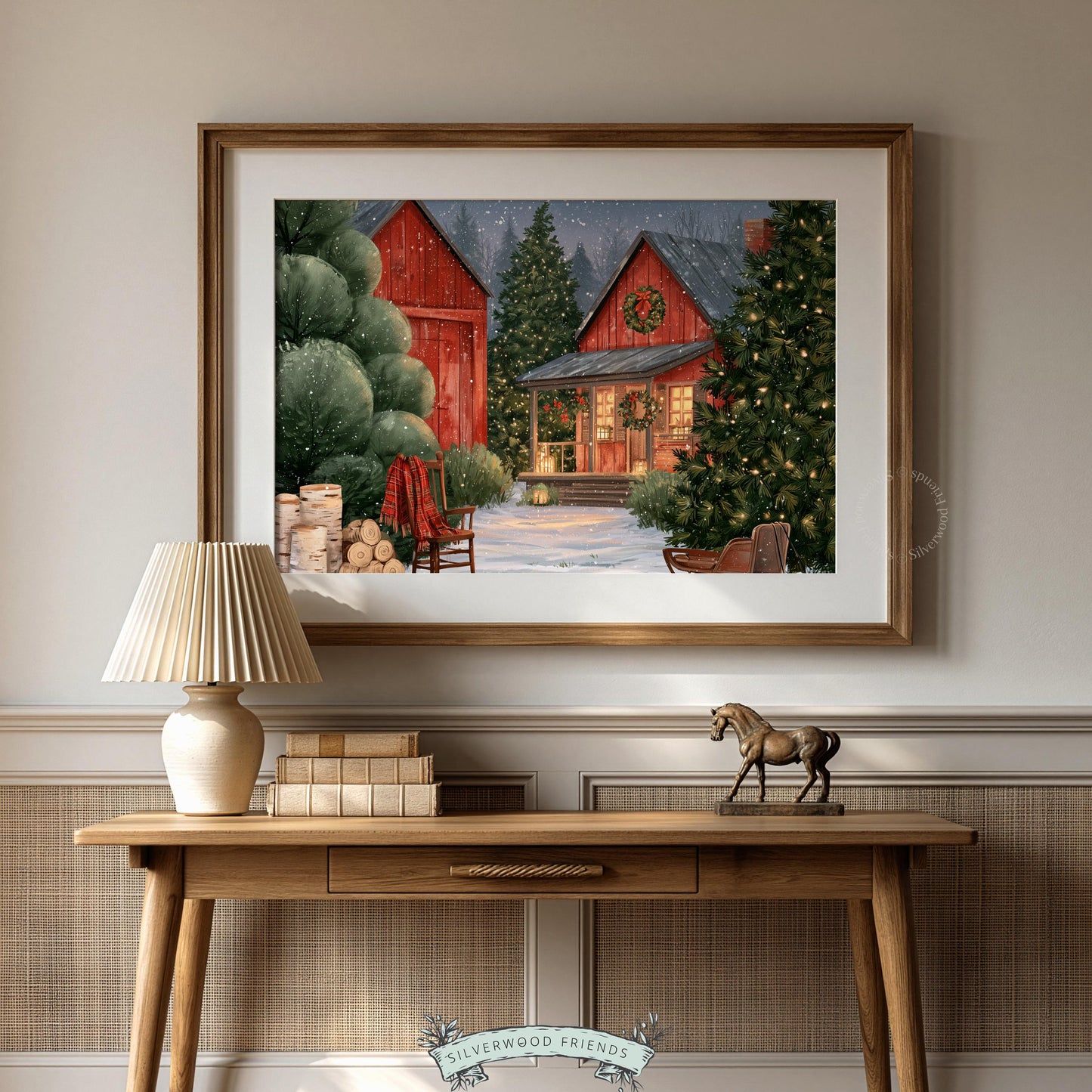 Cozy Christmas barn painting printable art for farmhouse — rustic winter cottage with glowing red barn
