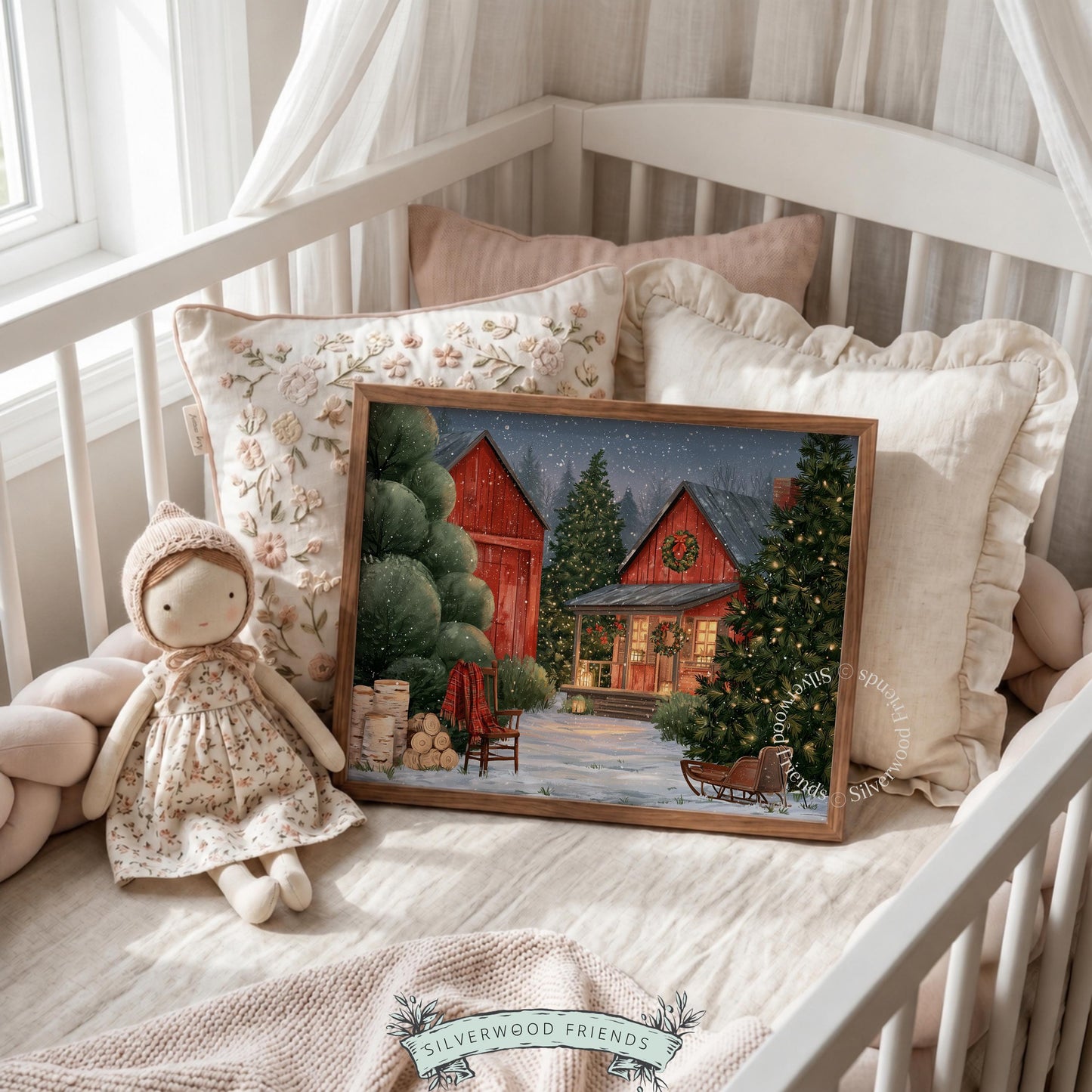 Holiday barn illustration printable wall art — cottagecore winter evening with soft brushwork and warm-cool palette