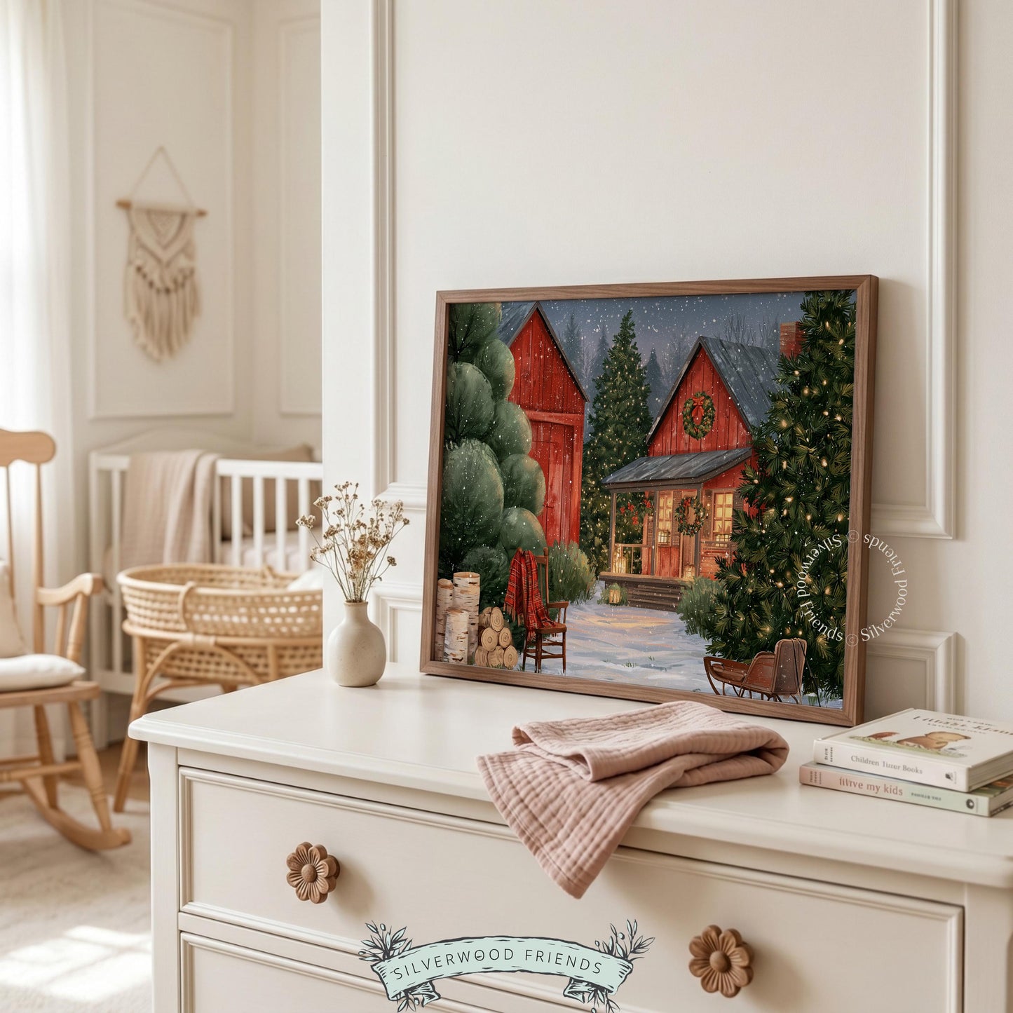 Country Christmas tree farm wall art — storybook vintage scene with cabin, sleigh, and forest backdrop