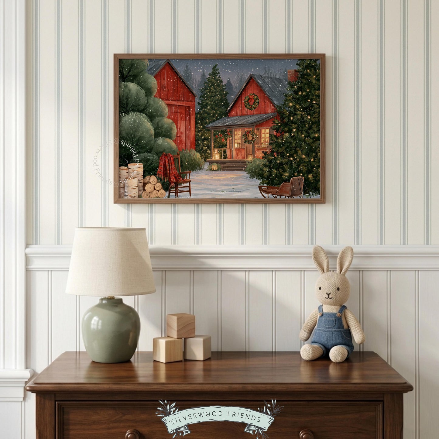 Rustic holiday barn scene digital wall art — soft-textured Christmas farmhouse with forest greens and snowy whites