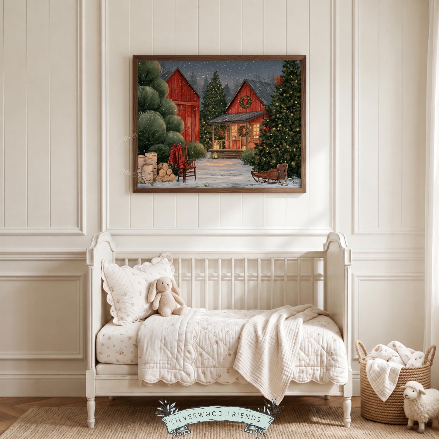 Winter farmhouse poster wall art — vintage red barn at twilight with festive evergreen trees