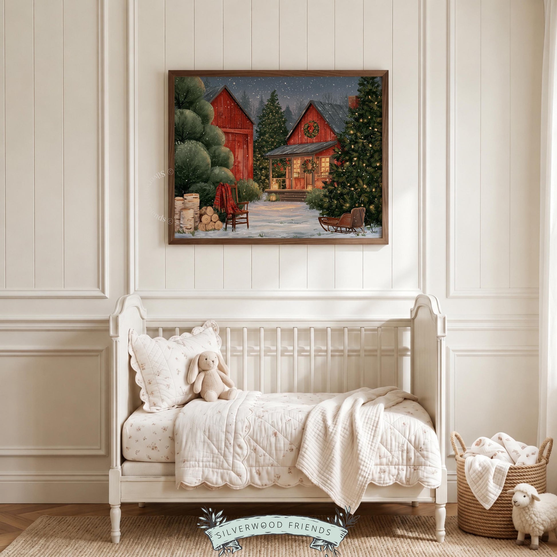 Winter farmhouse poster wall art — vintage red barn at twilight with festive evergreen trees