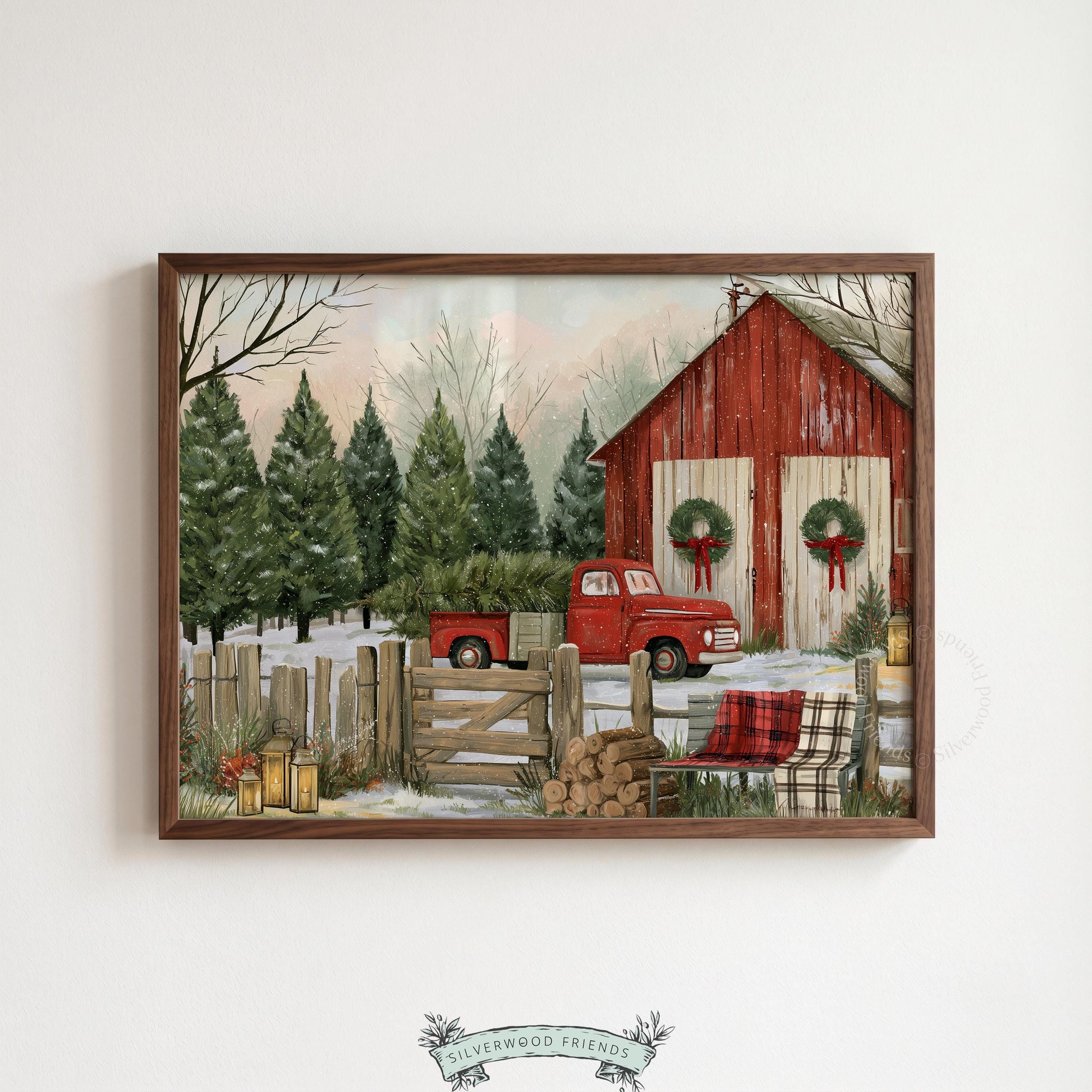Vintage pickup truck picture for country home — festive farmhouse scene with snow and greenery