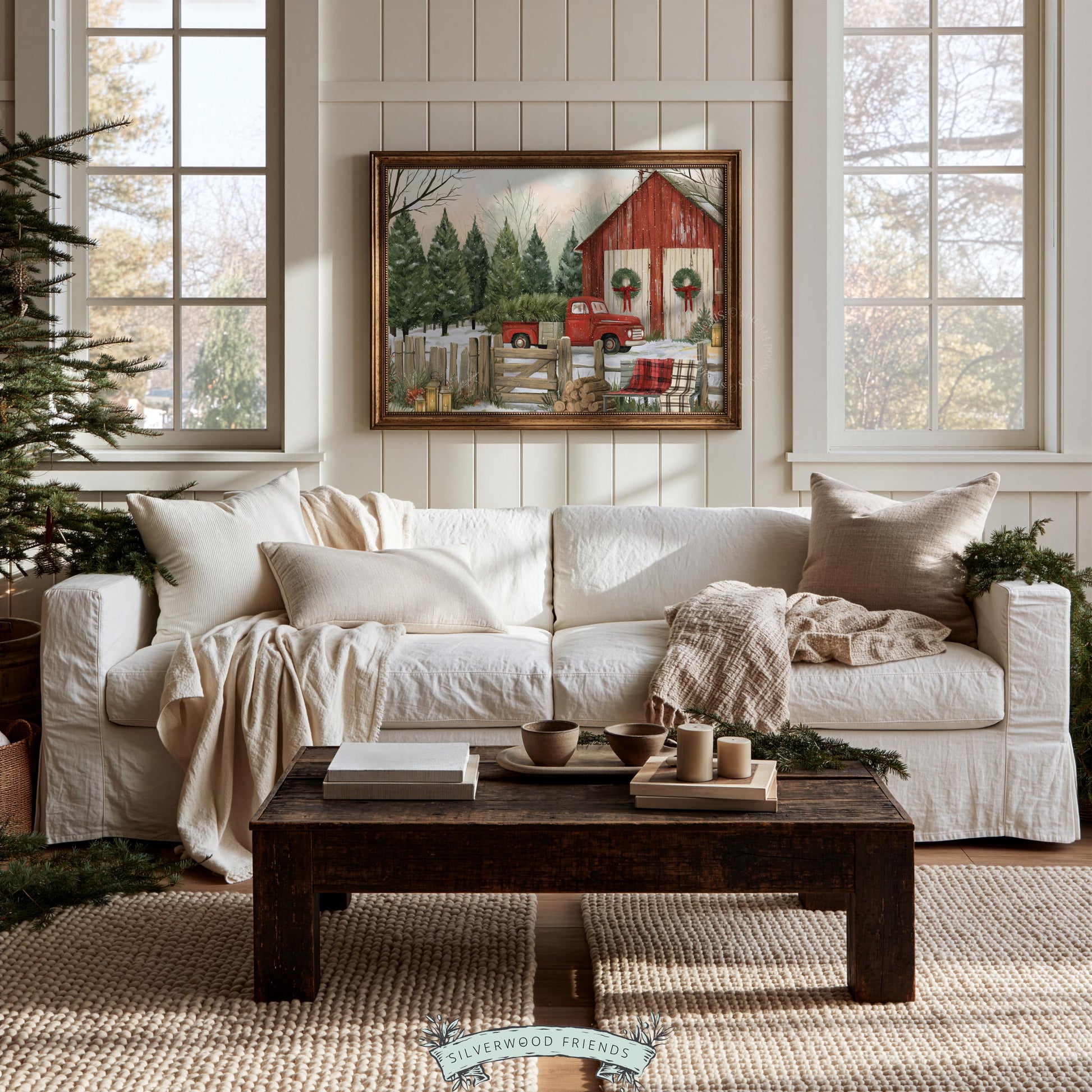 Christmas tree farm painting for home — cozy red barn and classic pickup with festive embellishments
