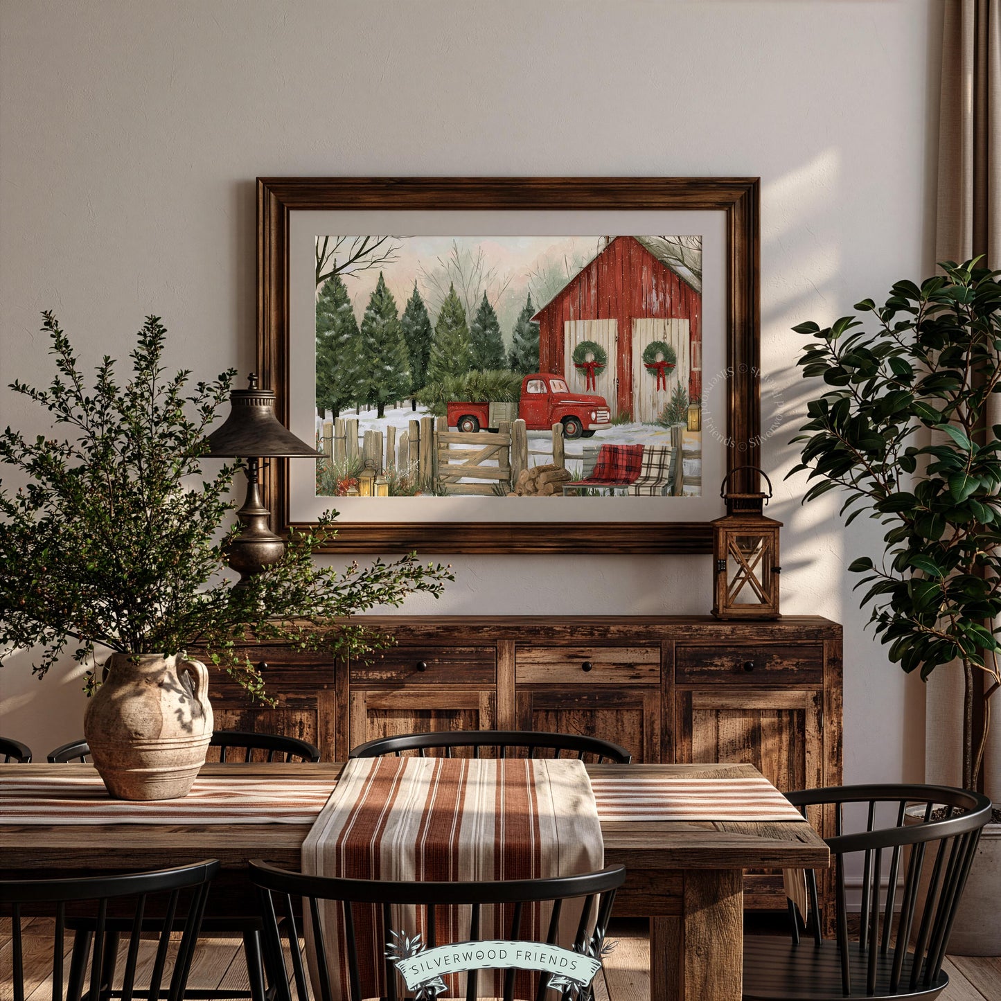 Festive vintage barn print for cottage — snowy landscape featuring red pickup and weathered buildings
