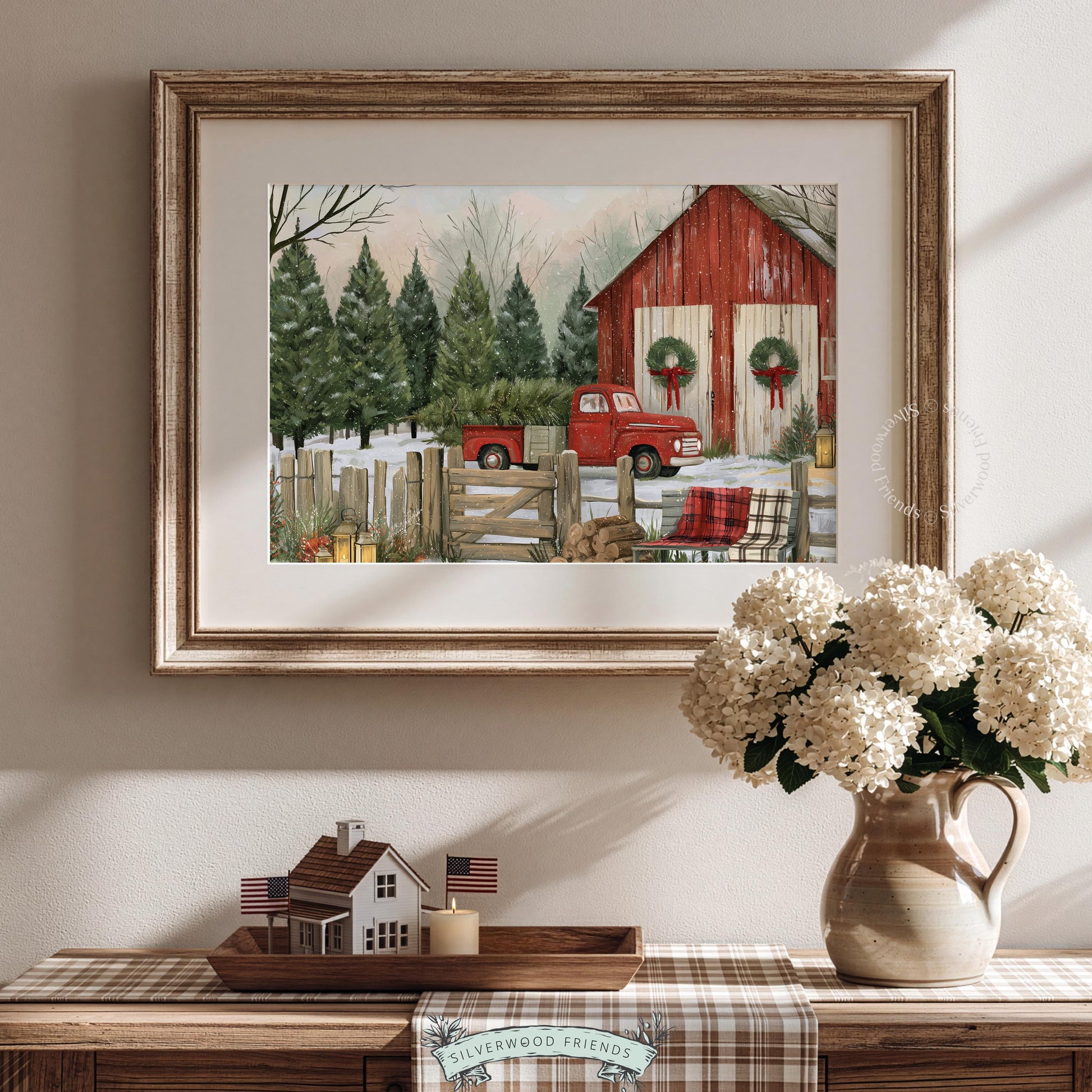 Farmstead holiday painting printable for gallery — classic red pickup, barn, and winter evergreen setting
