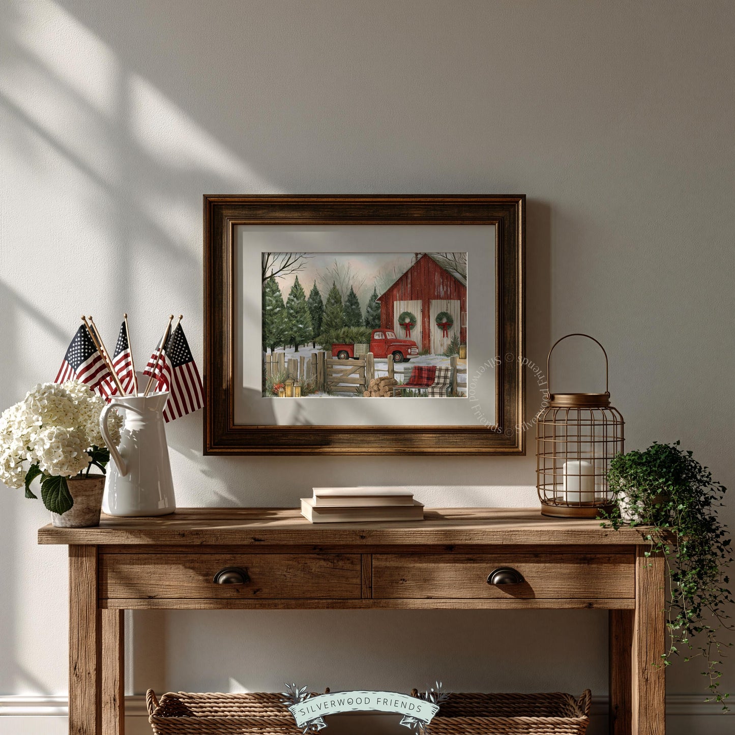 Rustic Christmas truck poster wall art for den — nostalgic tree farm landscape with warm details