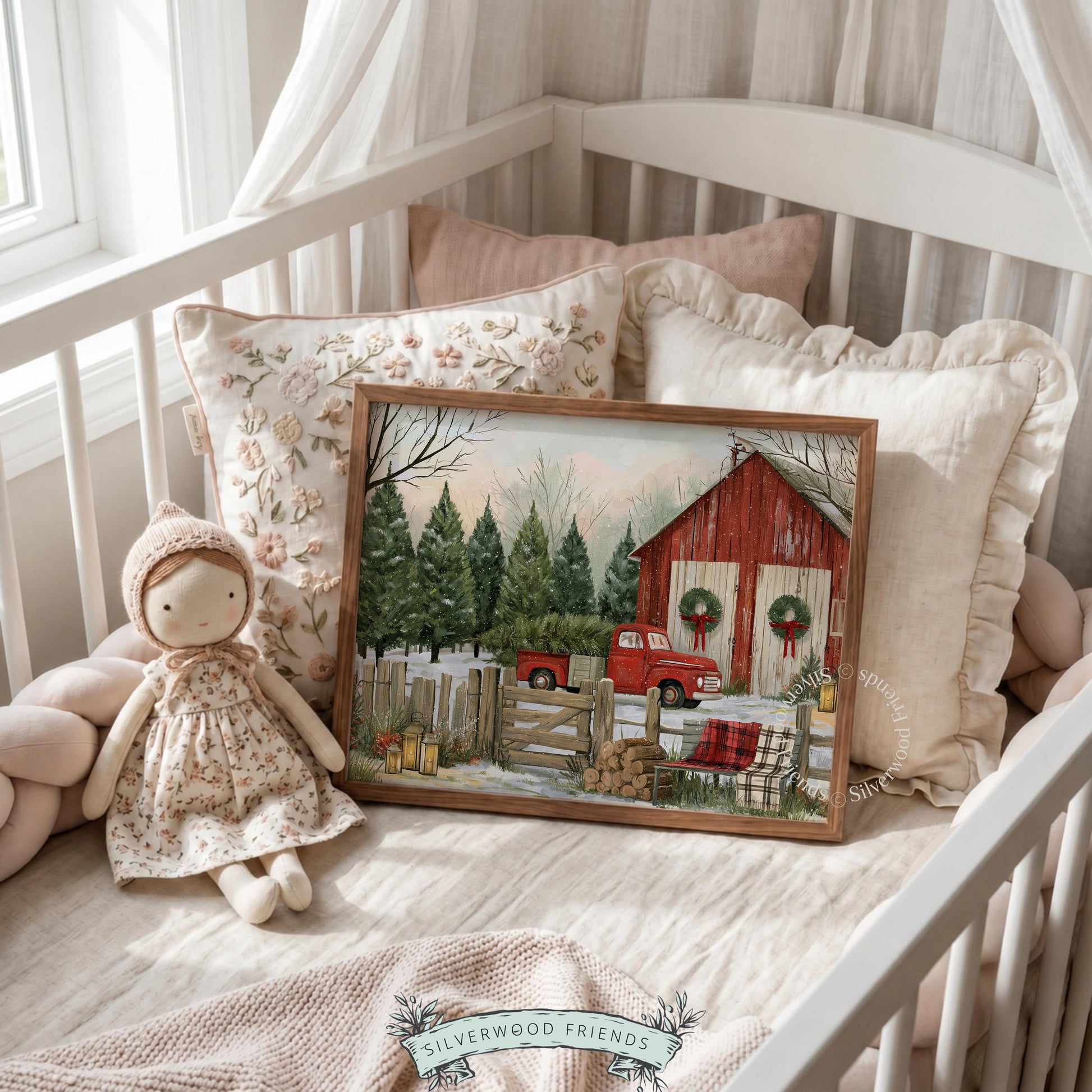 Vintage countryside scene poster printable art — holiday truck and rustic farmstead in winter