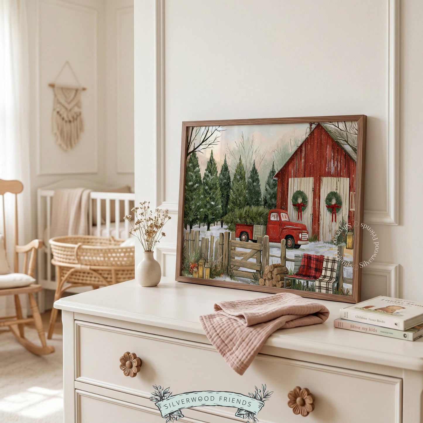 Winter truck wall art for cabin decor — cozy farm scene with wreaths, bows, and glowing lanterns