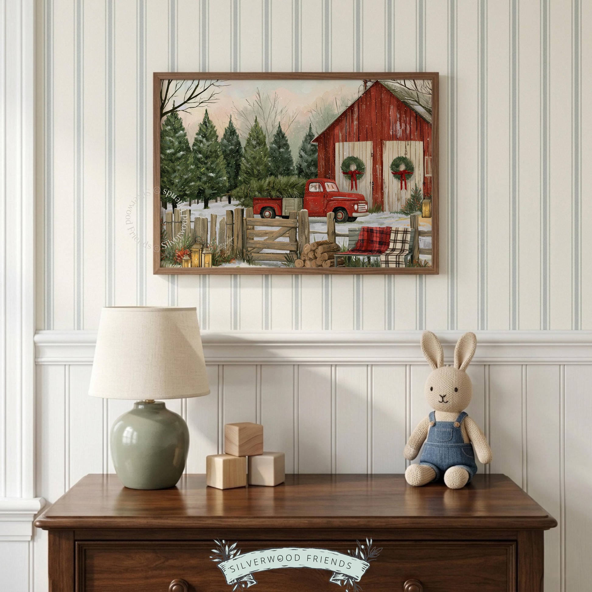 Christmas tree farm poster for entryway — red pickup beside weathered barn with winter charm