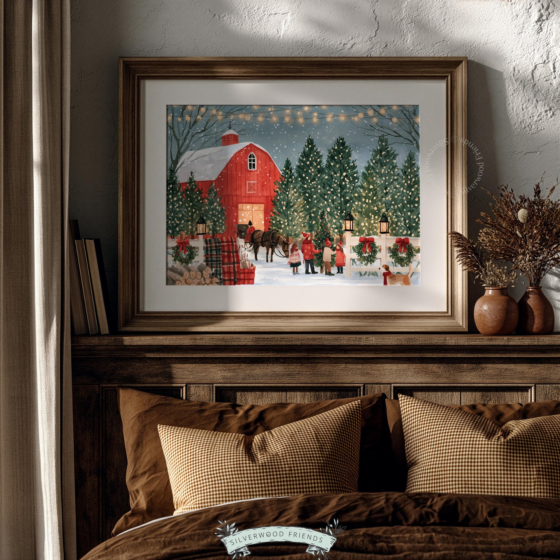 Winter wonderland digital print wall decor — rustic red barn surrounded by glowing evergreens and festive details