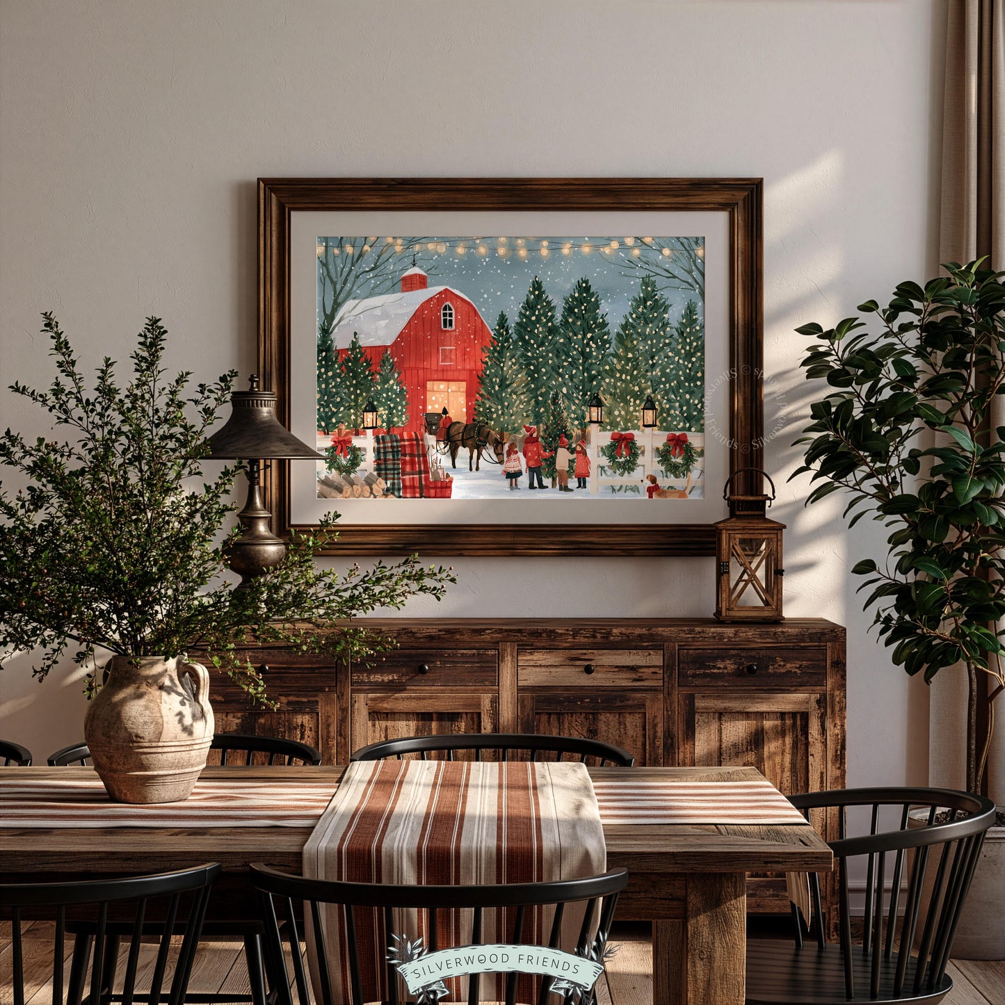 Winter holiday barn landscape digital print poster — cottagecore festive scene with horse wagon, wreaths, and glowing ambiance