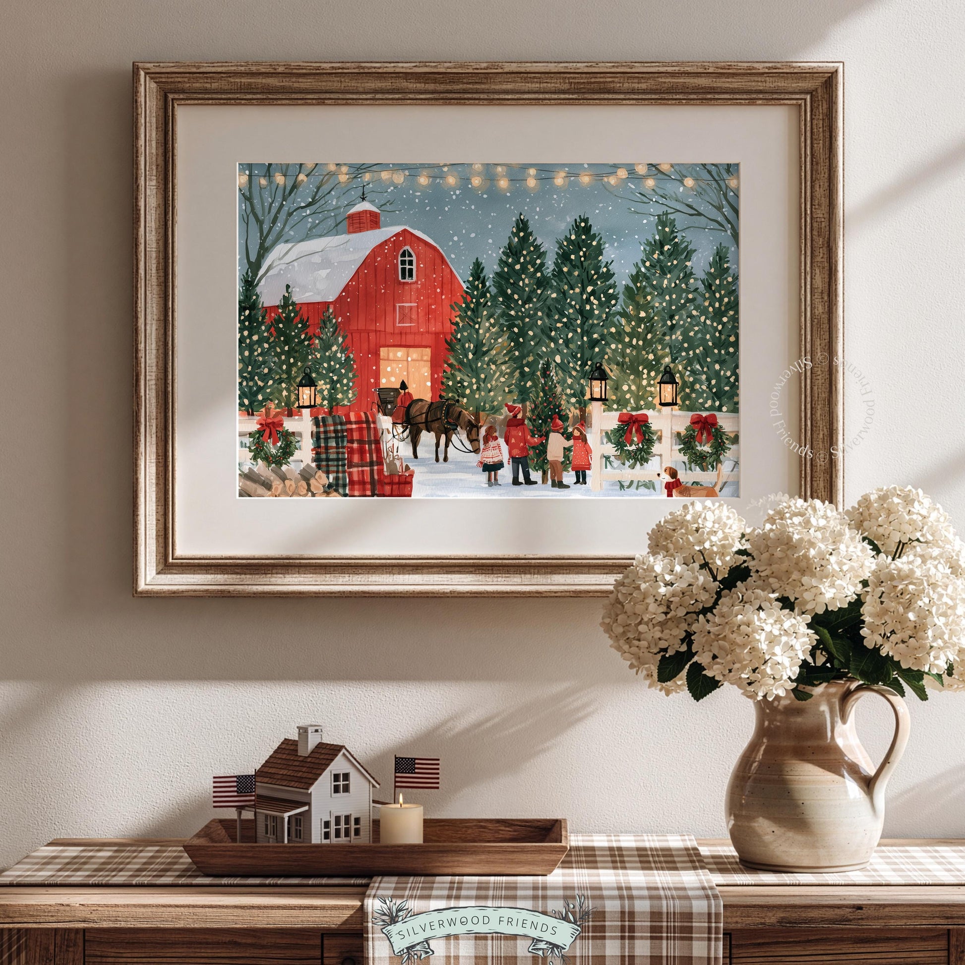 Farmhouse holiday scene poster digital print — illustrated winter gathering with lanterns, fencing, and warm atmospheric glow