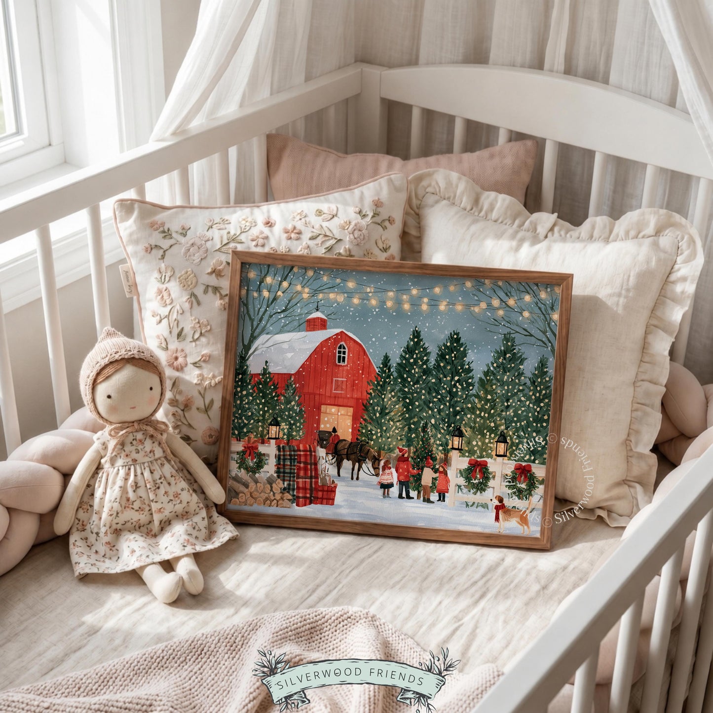 Holiday farmhouse painting wall decor for dining room — vintage palette with red, green, ivory, and intimate family moment