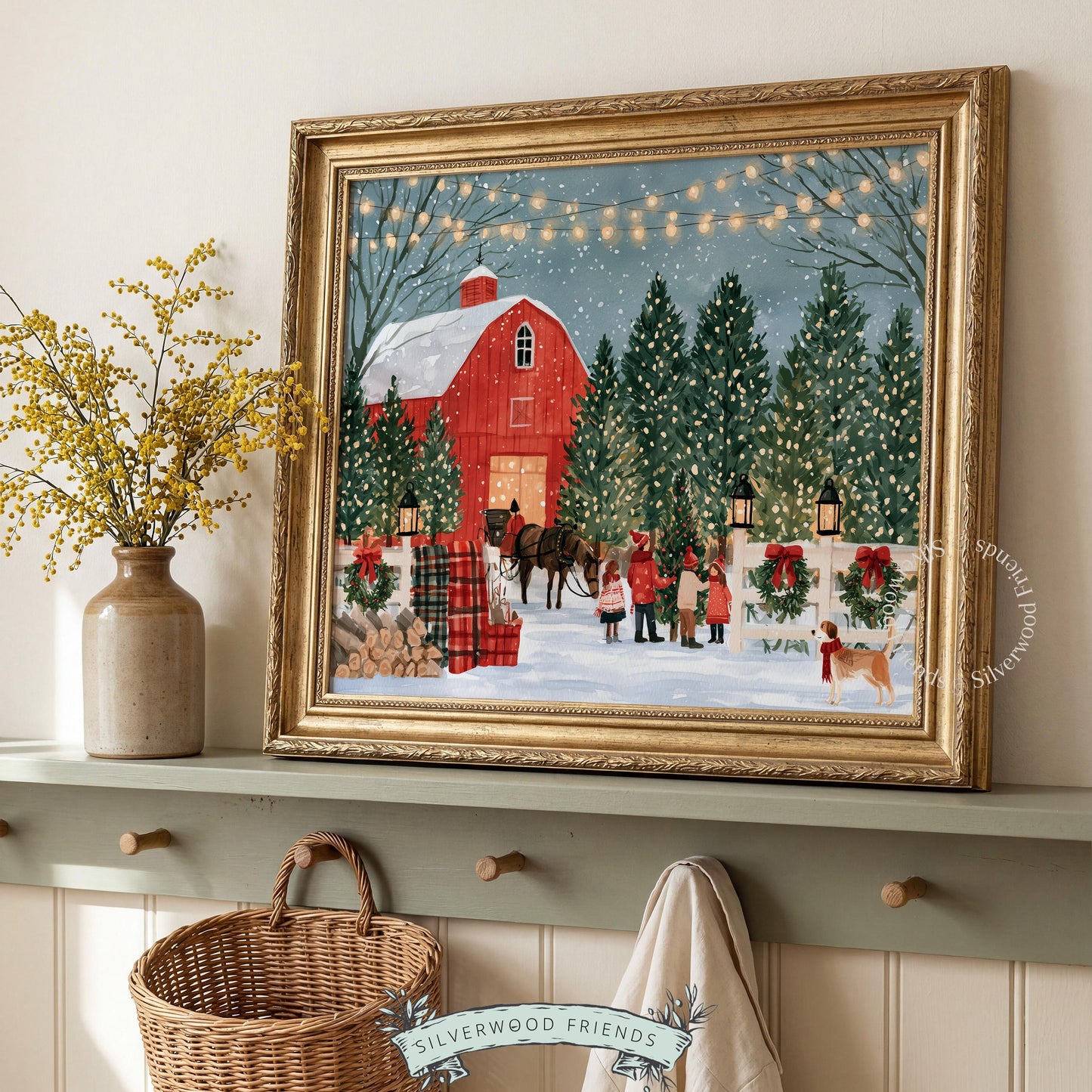 Rustic farmstead Christmas artwork printable — cozy barn scene with twinkling lights, trees, and traditional holiday details