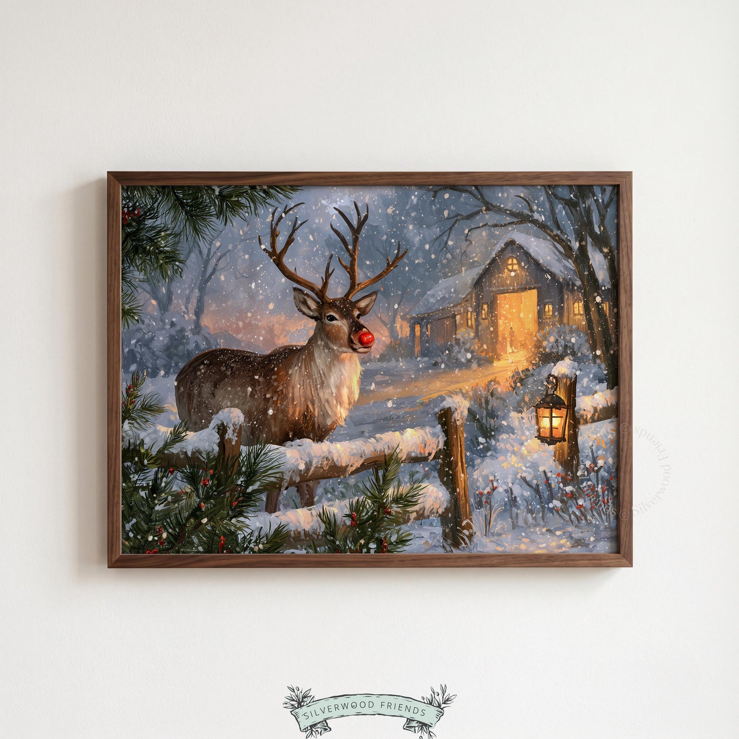 Winter woodland poster for entryway — majestic red-nosed deer in snow with rustic barn and amber lighting