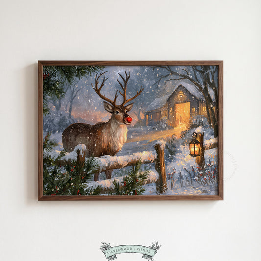 Winter woodland poster for entryway — majestic red-nosed deer in snow with rustic barn and amber lighting