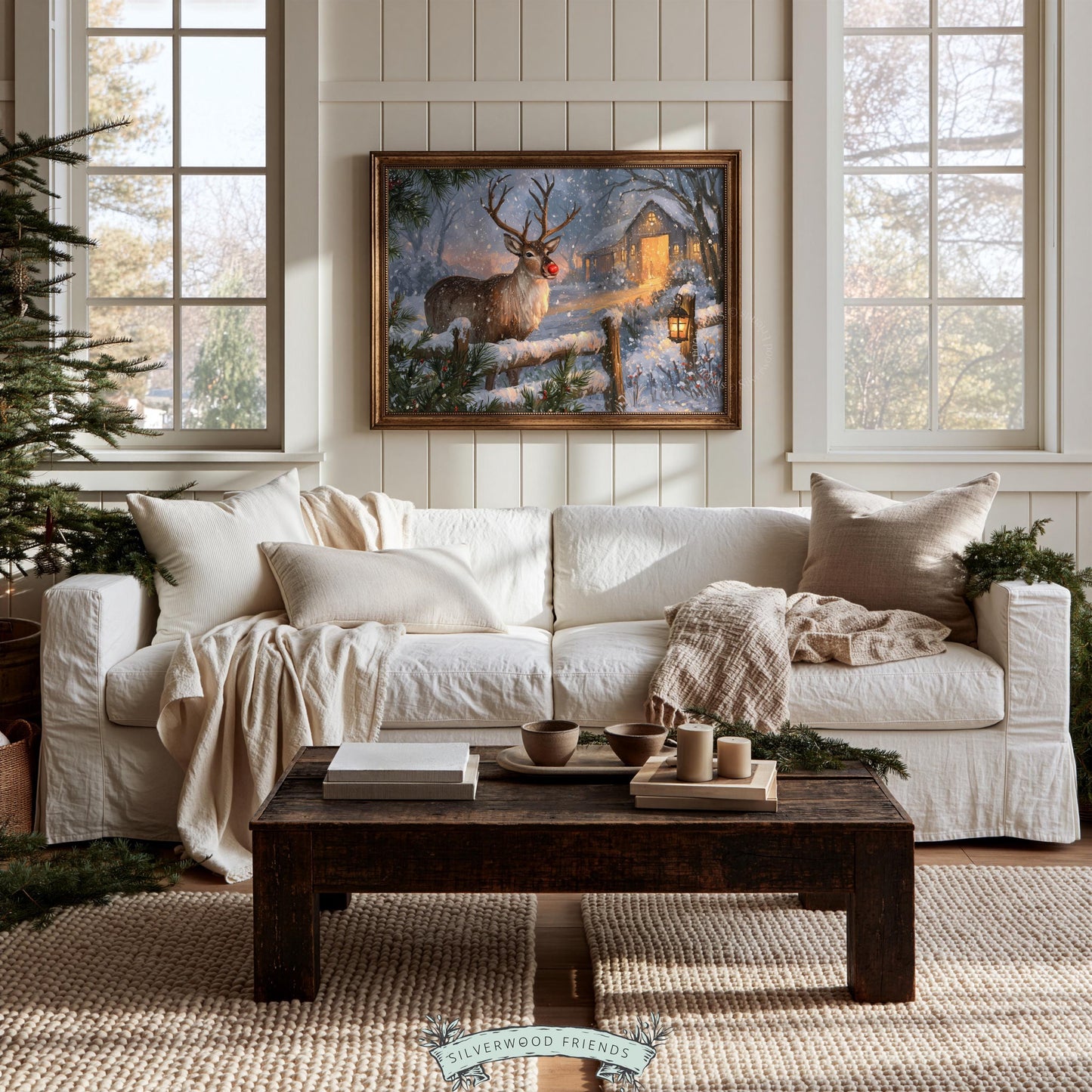 Buck with glowing nose wall art for living room — cozy Christmas Eve landscape with rustic fence and pine branches