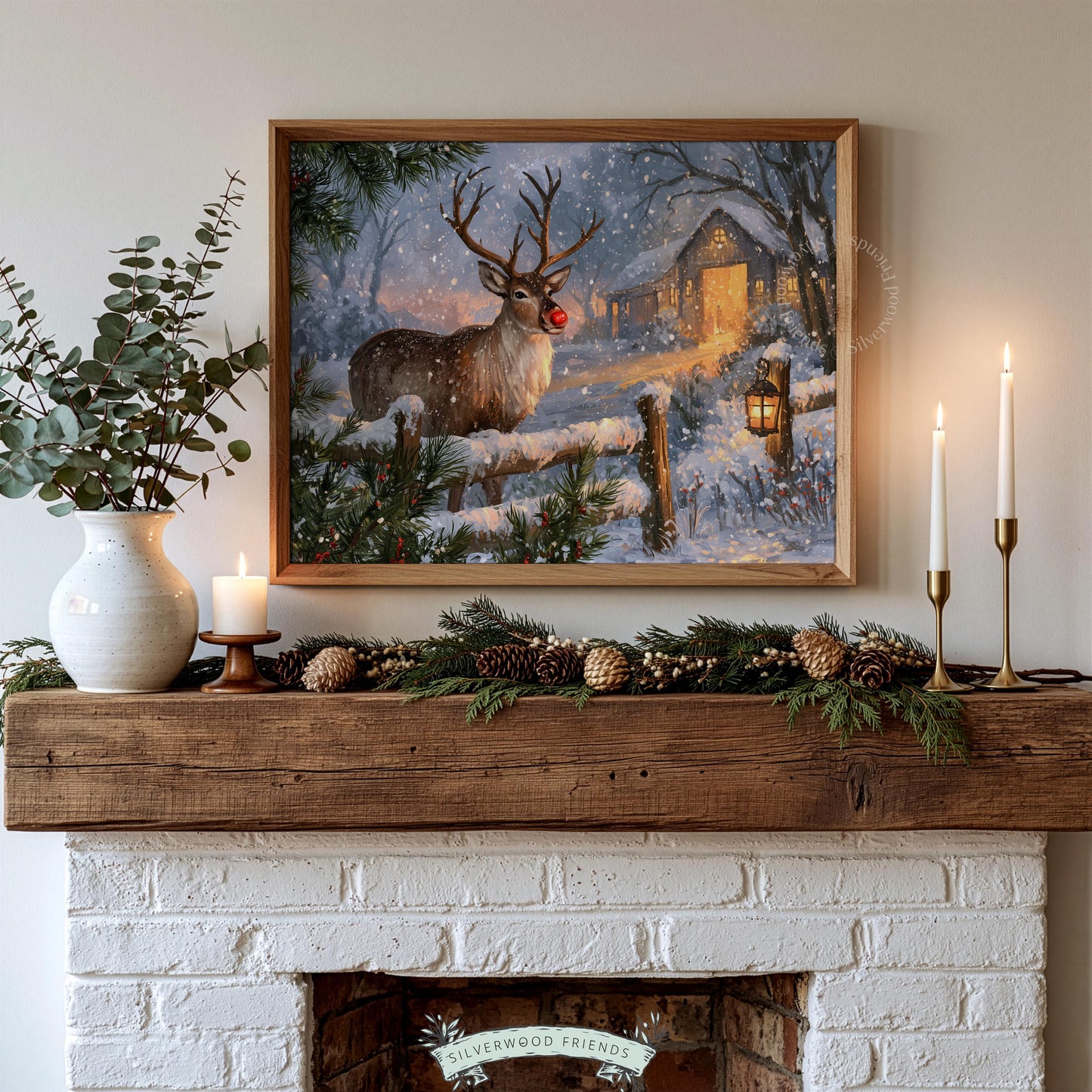 Storybook reindeer digital art for gallery wall — soft brushwork winter scene with cottage and falling snowflakes