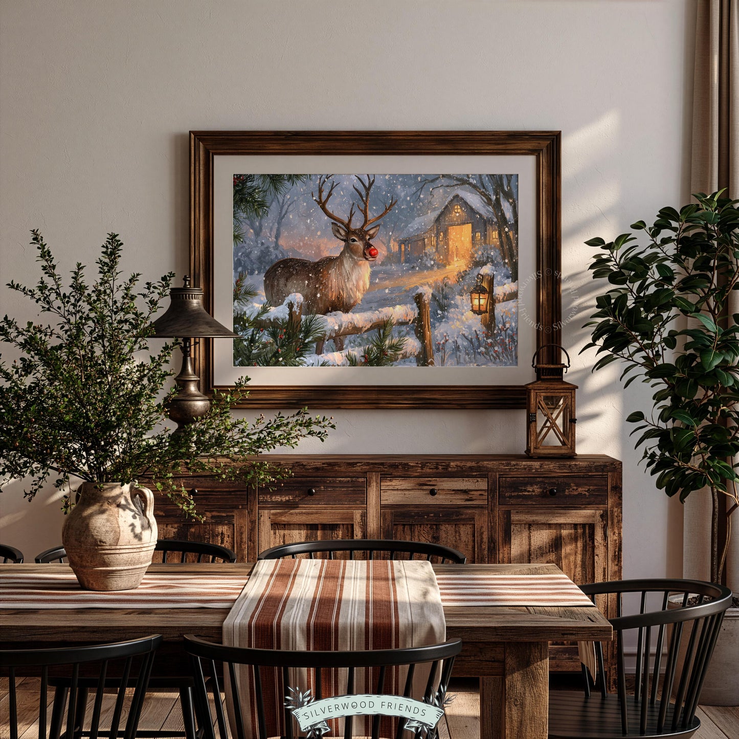 Rustic holiday picture for farmhouse kitchen — buck with luminous nose amid snowy trees and wooden fencing