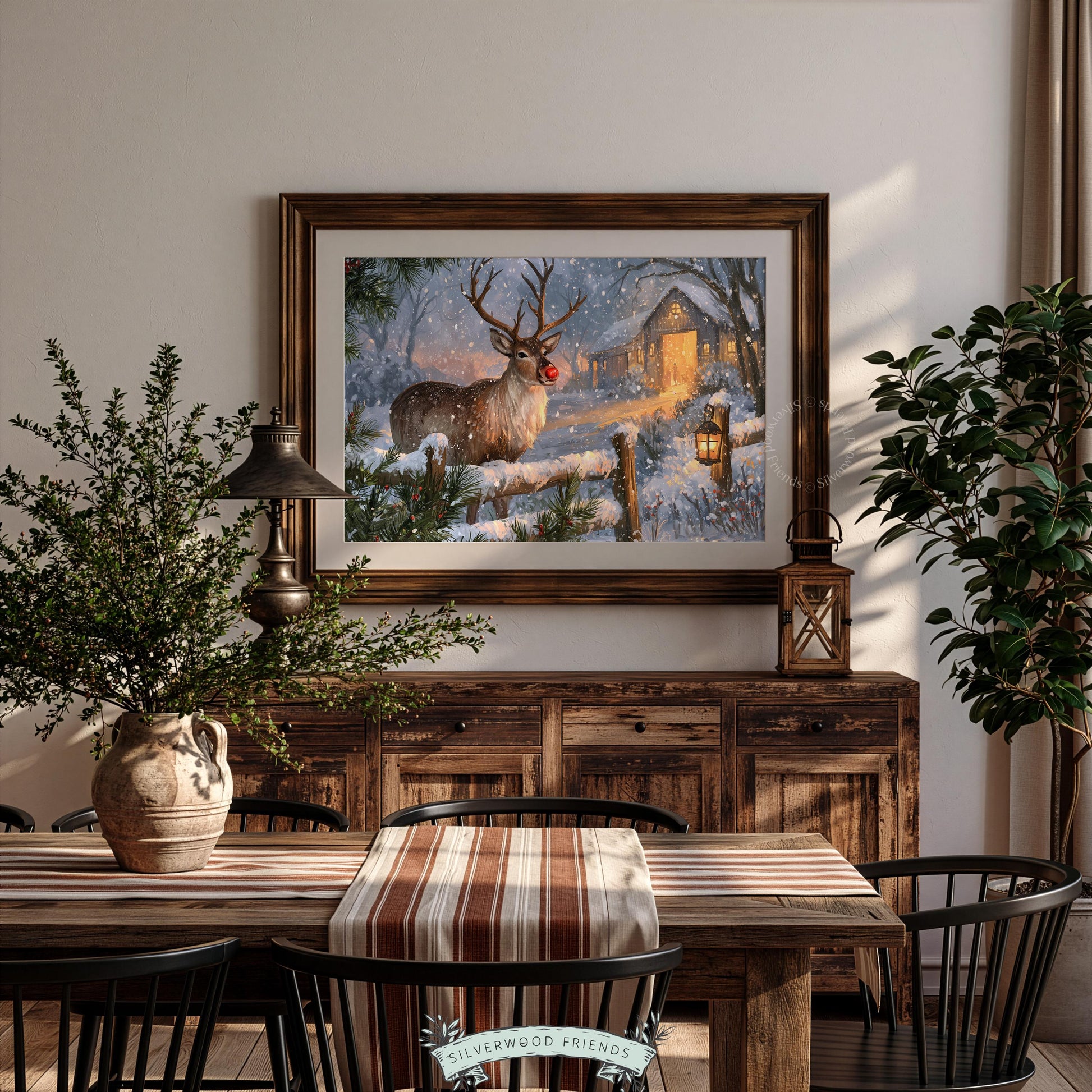 Rustic holiday picture for farmhouse kitchen — buck with luminous nose amid snowy trees and wooden fencing