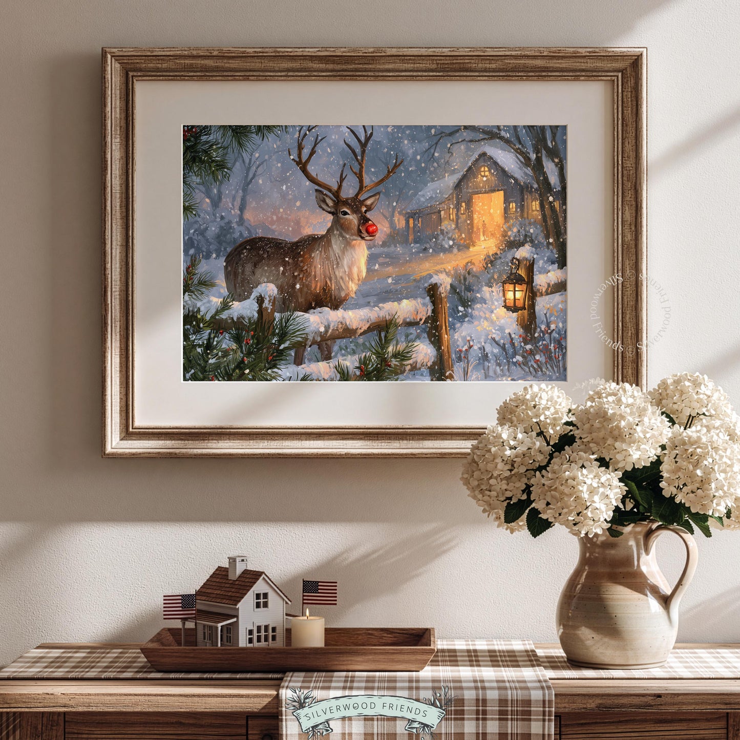 Festive winter landscape artwork for hallway — red-nosed deer standing in snow with lantern and holiday charm