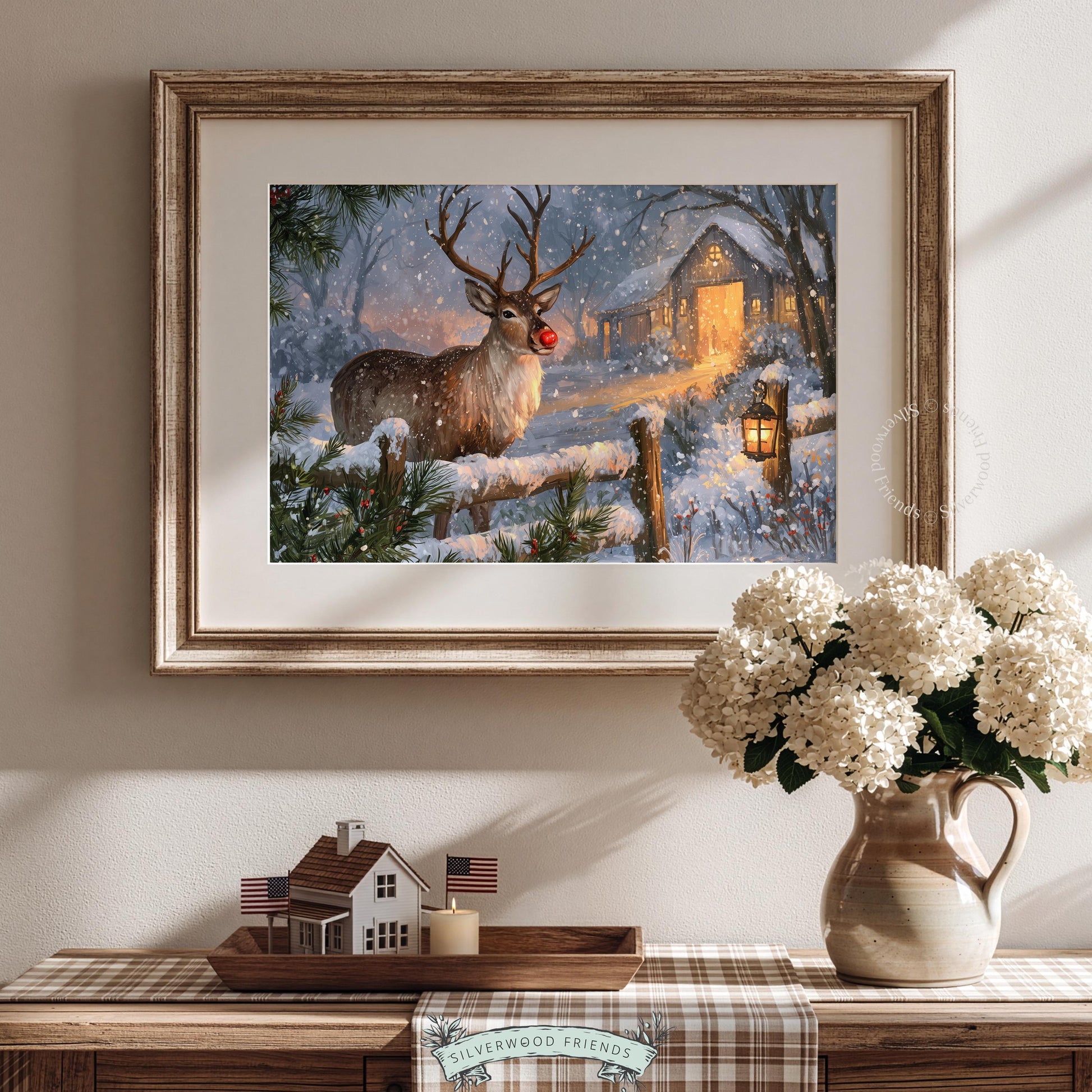 Festive winter landscape artwork for hallway — red-nosed deer standing in snow with lantern and holiday charm