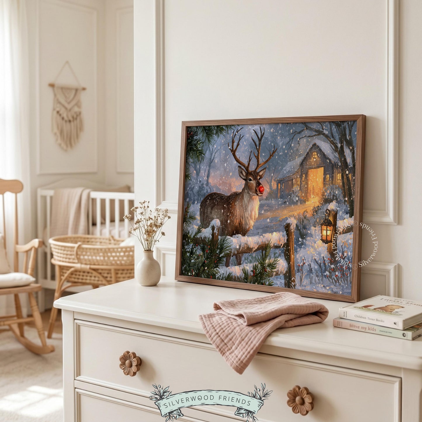 Farmhouse Christmas artwork for family room — vintage deer portrait with snowy scene and lantern-lit cottage