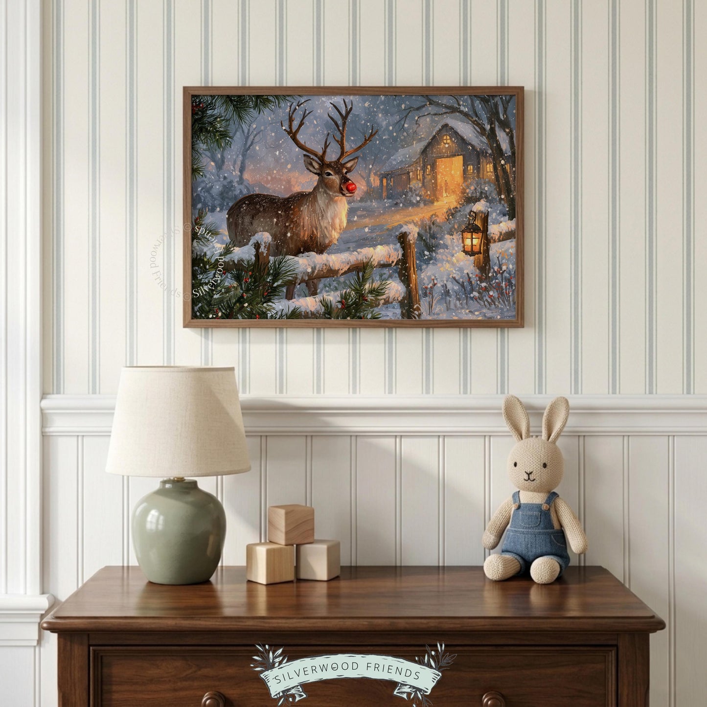 Christmas reindeer digital print for holiday decor — storybook winter scene with falling snow and warm lantern glow