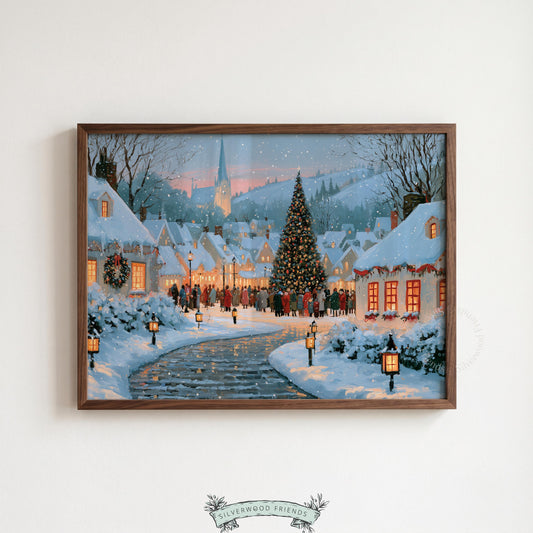 Winter townscape painting printable art for bedroom — nostalgic holiday scene with warm lantern light and snow