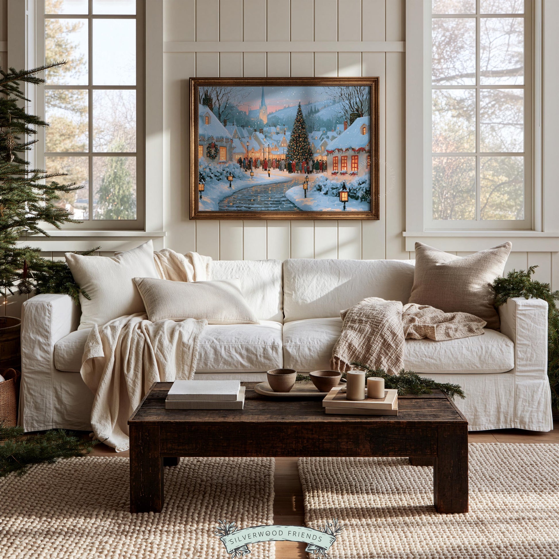 Winter holiday scene painting for foyer — seasonal artwork showcasing festive tree, church, and cozy homes