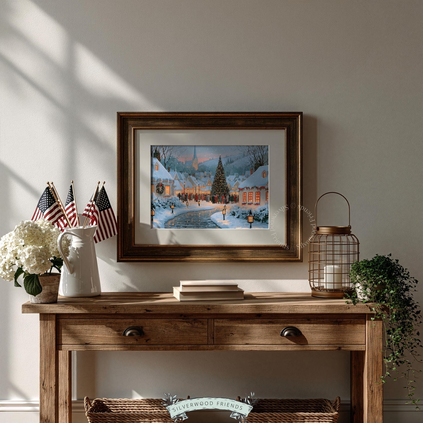 Nostalgic holiday townscape wall art for family room — atmospheric village scene with lantern-lit streets and snow