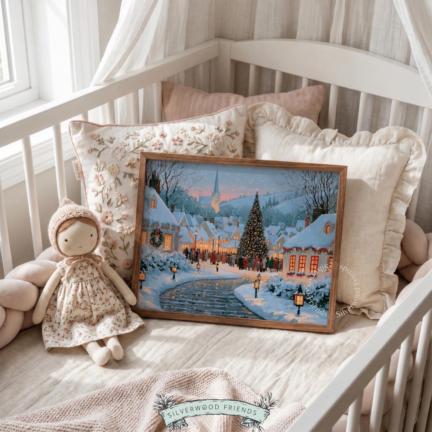 Snowy Christmas settlement picture printable art for office — retro-style festive composition with soft pink-blue palette