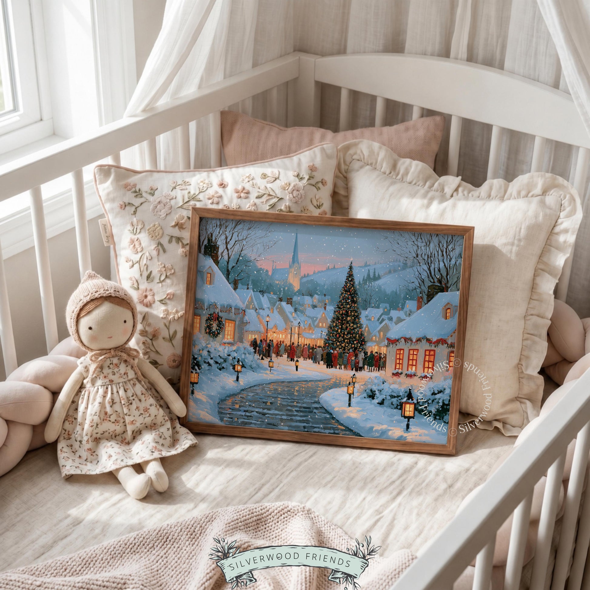 Snowy Christmas settlement picture printable art for office — retro-style festive composition with soft pink-blue palette