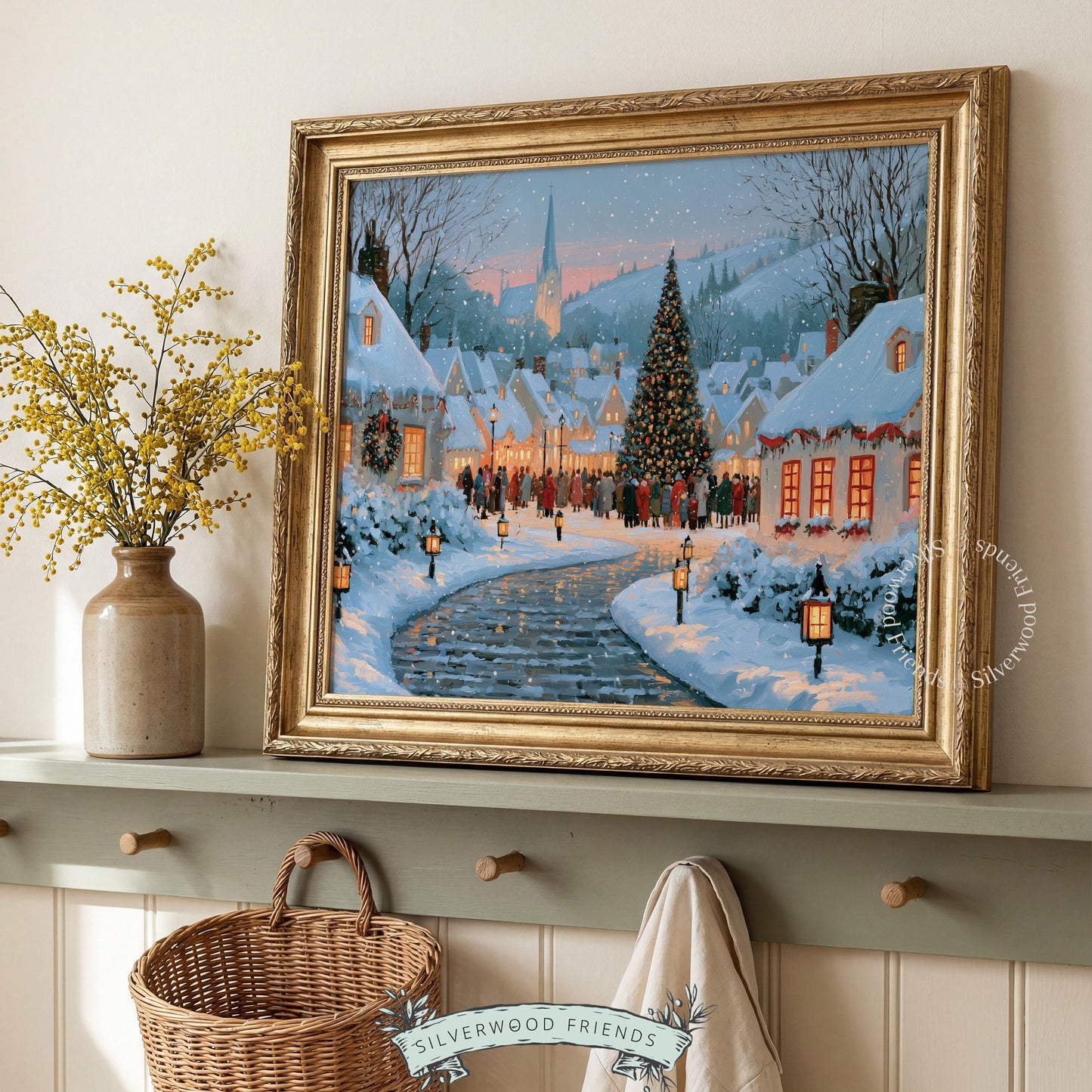 Vintage seasonal artwork digital print for nursery — gentle Christmas village with warm golden light and peaceful mood