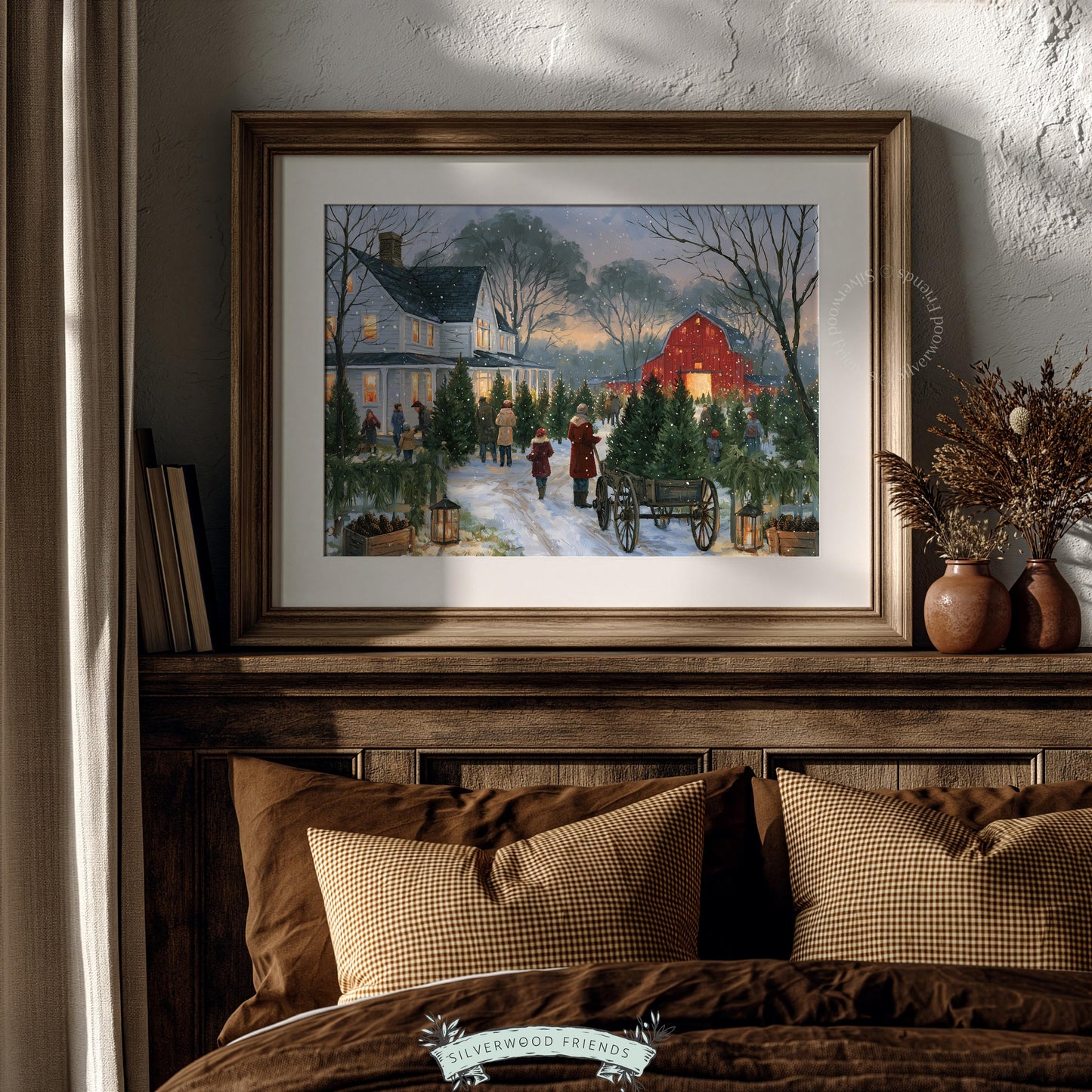 Snowy evergreen orchard poster for family room — vintage holiday scene with festive gathering mood
