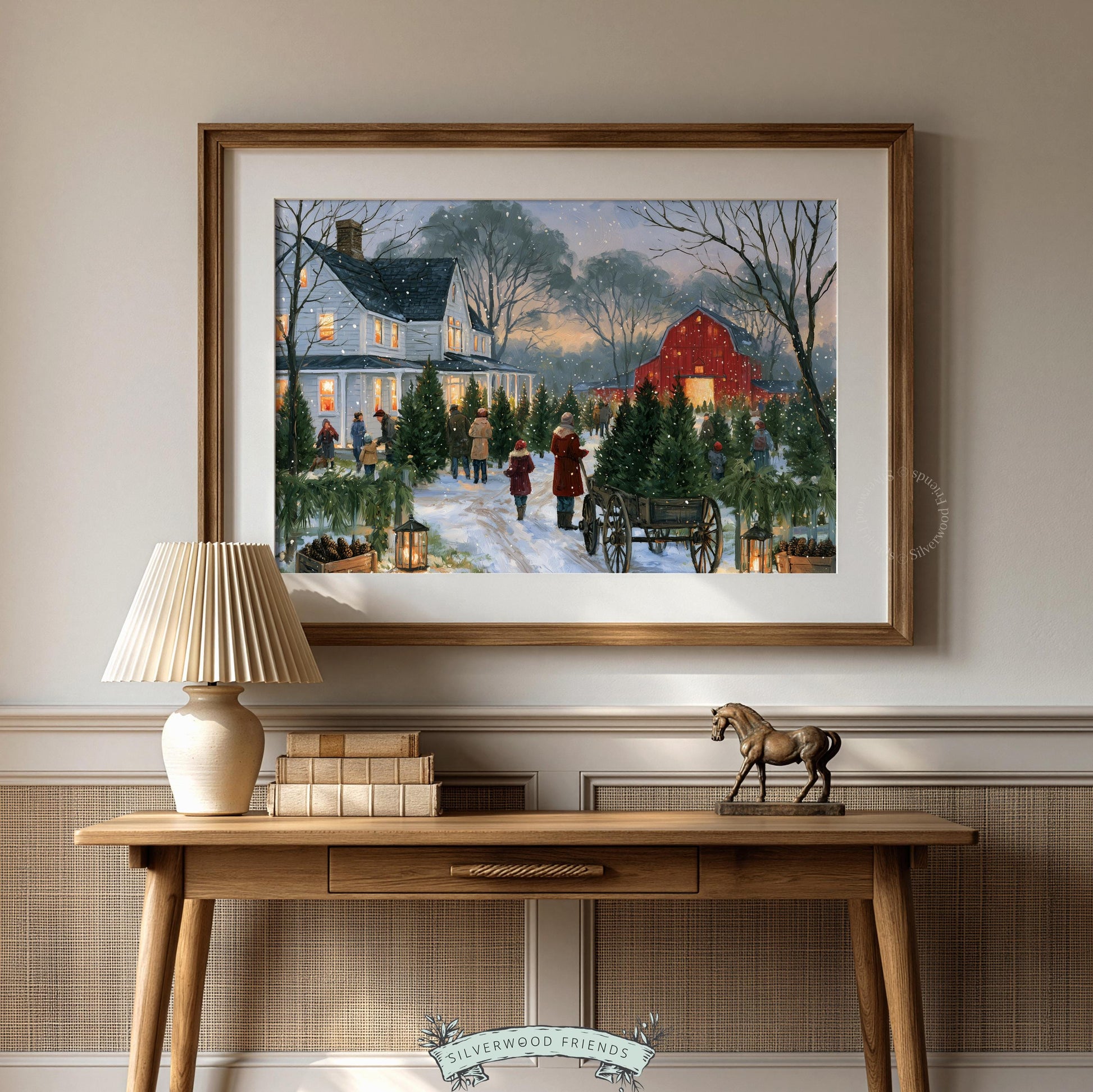 Vintage winter tree farm poster wall art — softly falling snow over traditional farmhouse and rows of pines