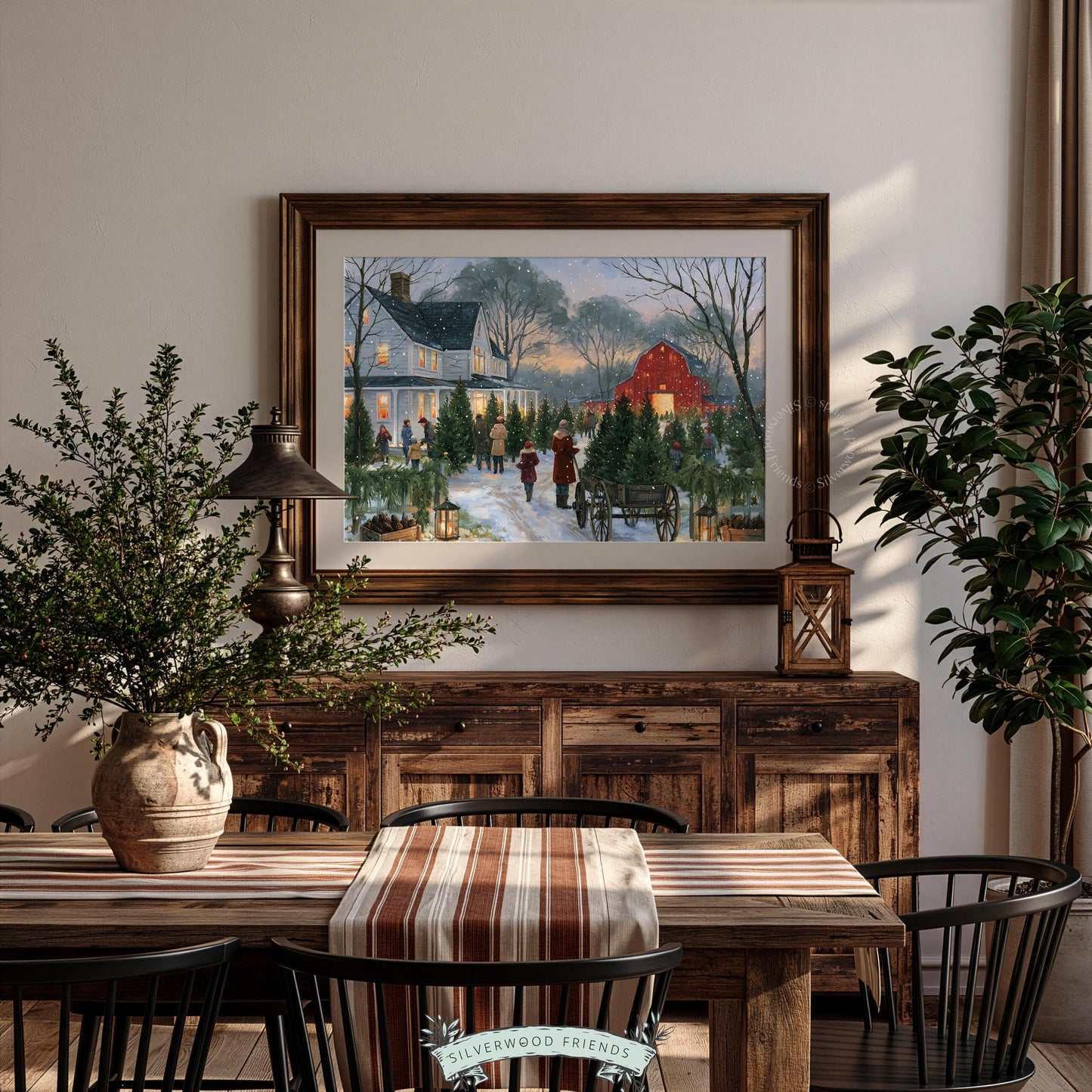 Christmas tree plantation picture printable wall art — cottagecore snowy evening with warm glowing barn